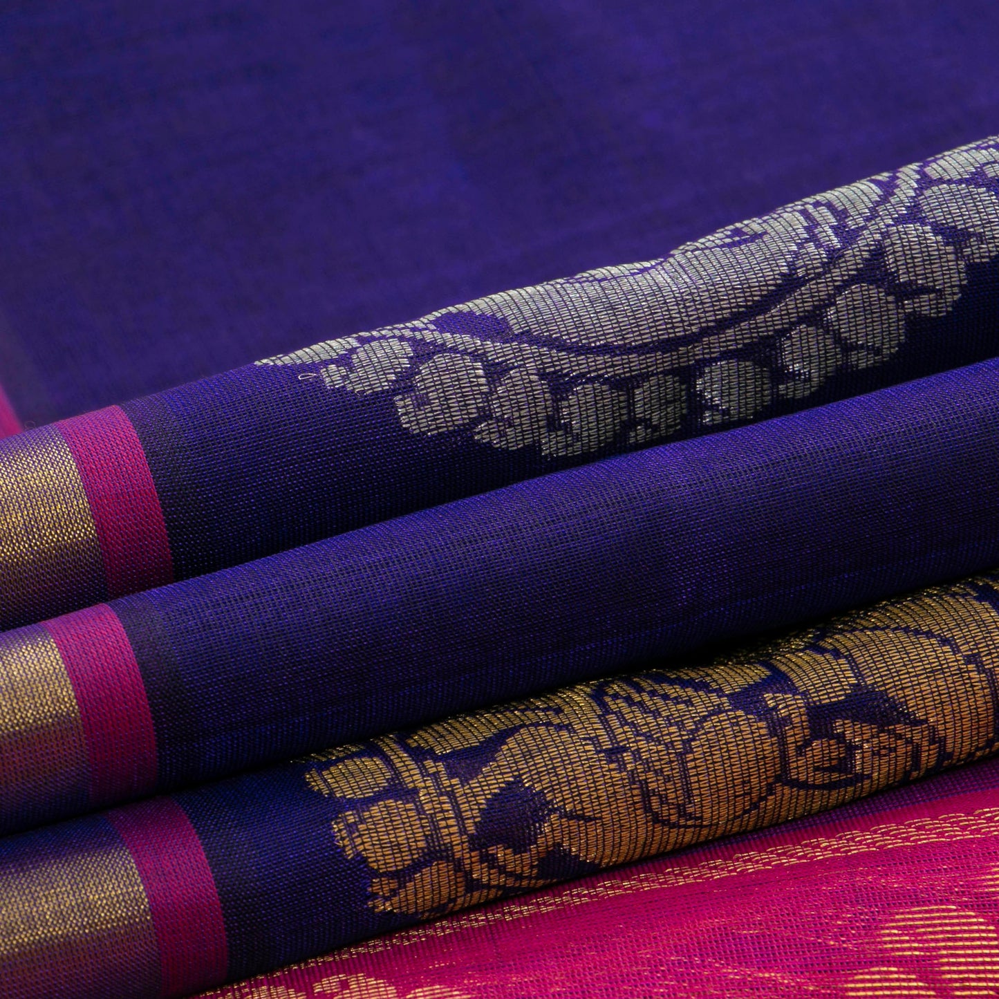 Blue And Pink Kanchi Silk Cotton Saree With Antique Zari For Festive Wear VP SC 123