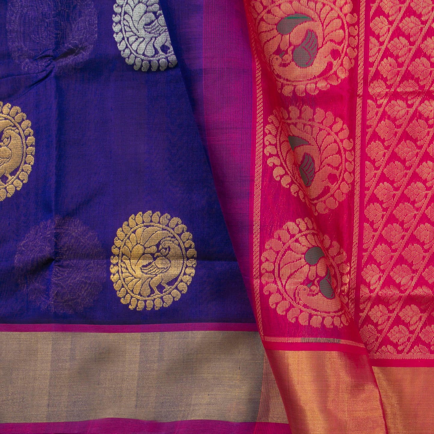 Blue And Pink Kanchi Silk Cotton Saree With Antique Zari For Festive Wear VP SC 123