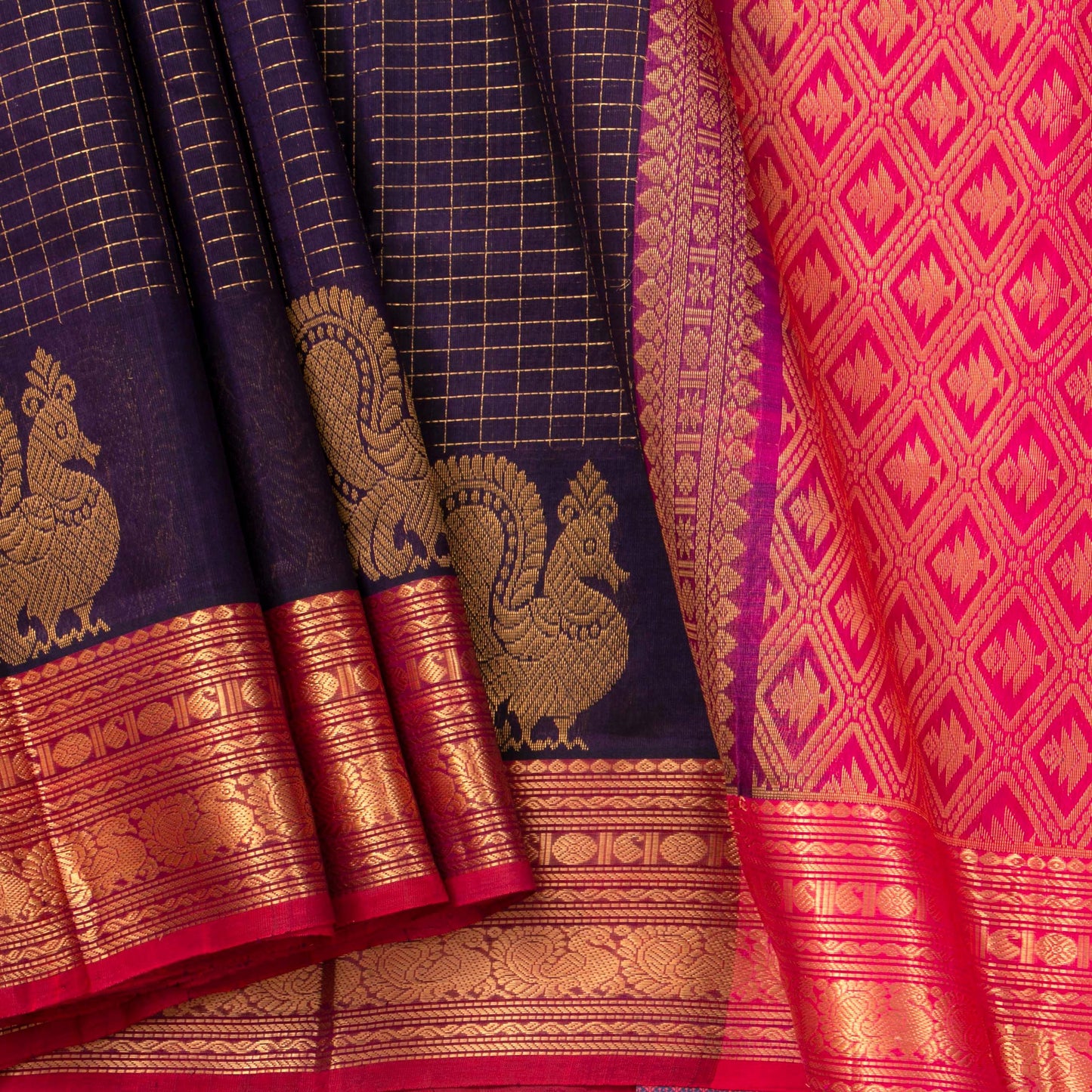 Purple And Pink Kanchi Silk Cotton Saree With Zari Checks For Festive Wear VP SC 125
