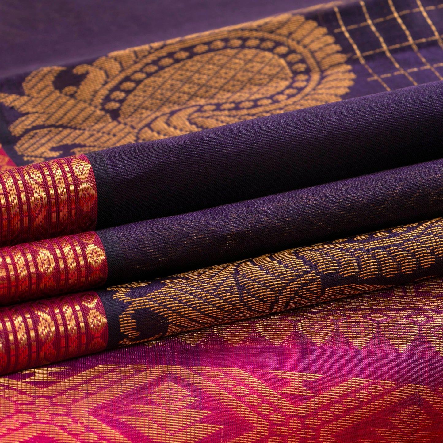 Purple And Pink Kanchi Silk Cotton Saree With Zari Checks For Festive Wear VP SC 125