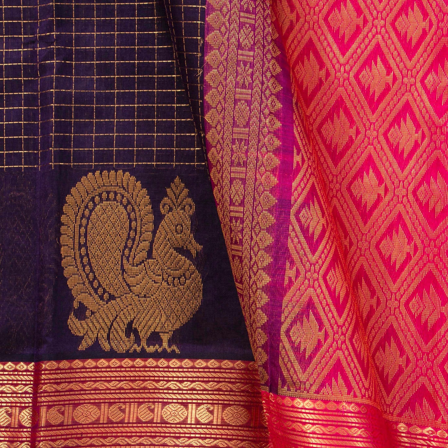 Purple And Pink Kanchi Silk Cotton Saree With Zari Checks For Festive Wear VP SC 125