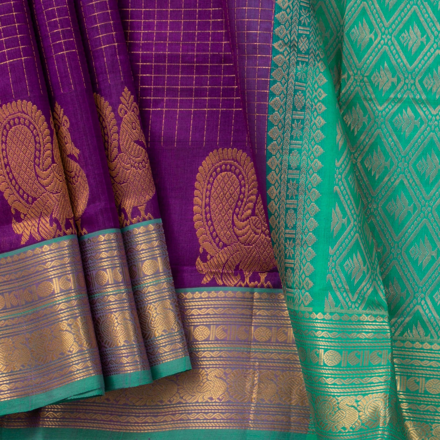 Violet And Turquoise Kanchi Silk Cotton Saree With Antique Zari For Festive Wear VP SC 126