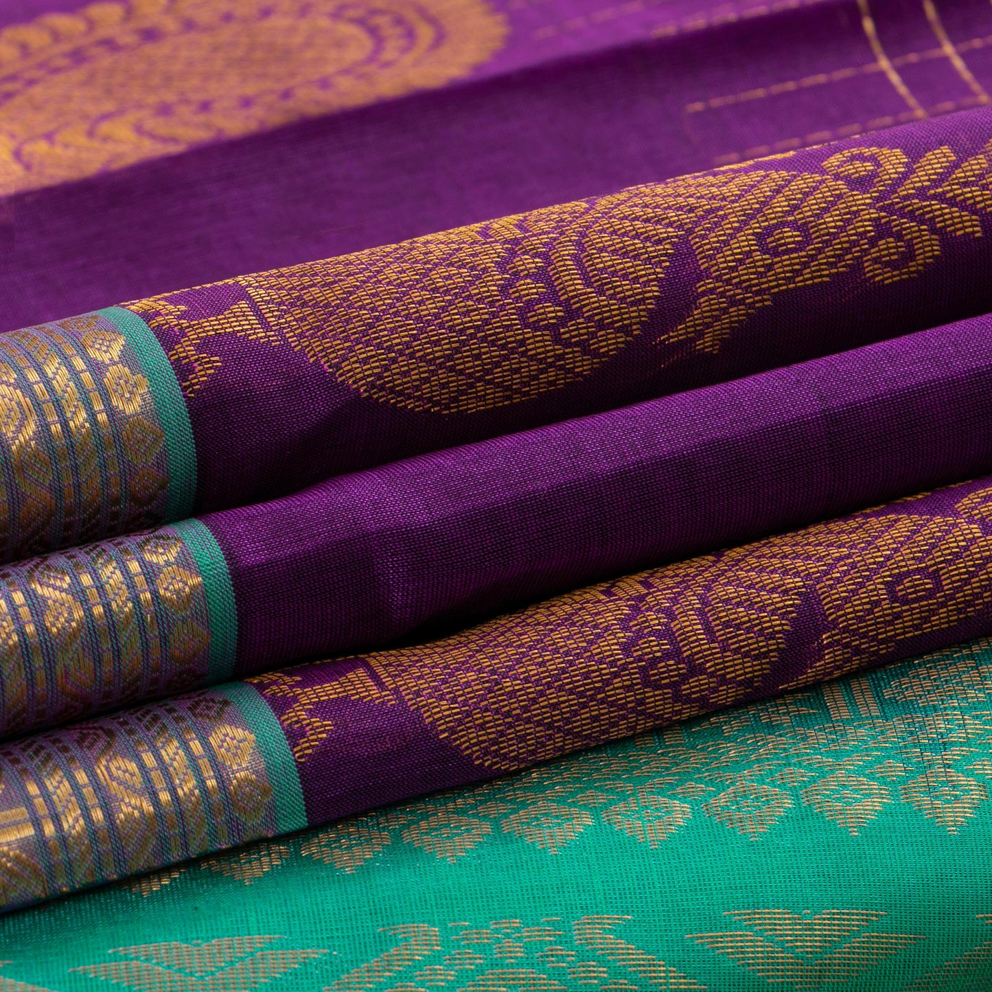 Violet And Turquoise Kanchi Silk Cotton Saree With Antique Zari For Festive Wear VP SC 126