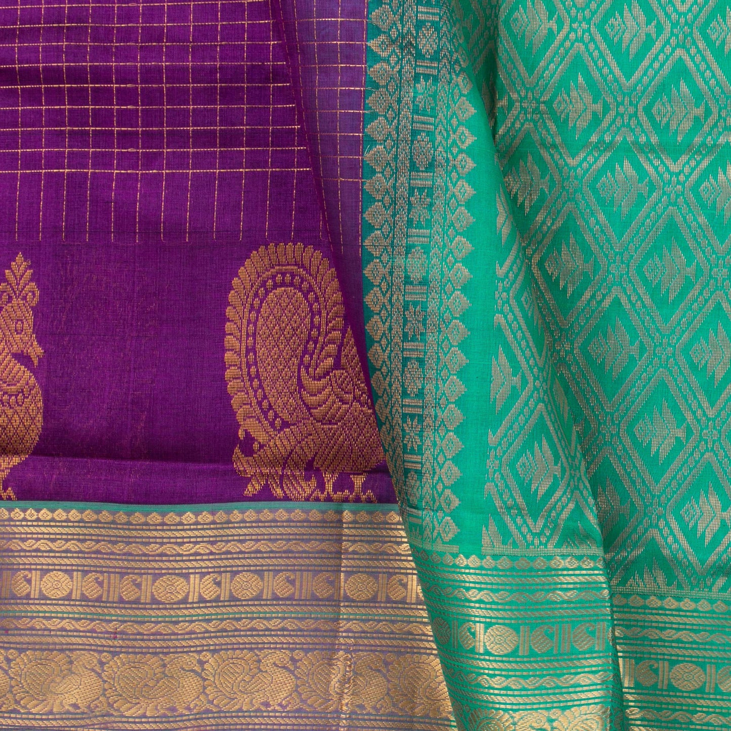 Violet And Turquoise Kanchi Silk Cotton Saree With Antique Zari For Festive Wear VP SC 126