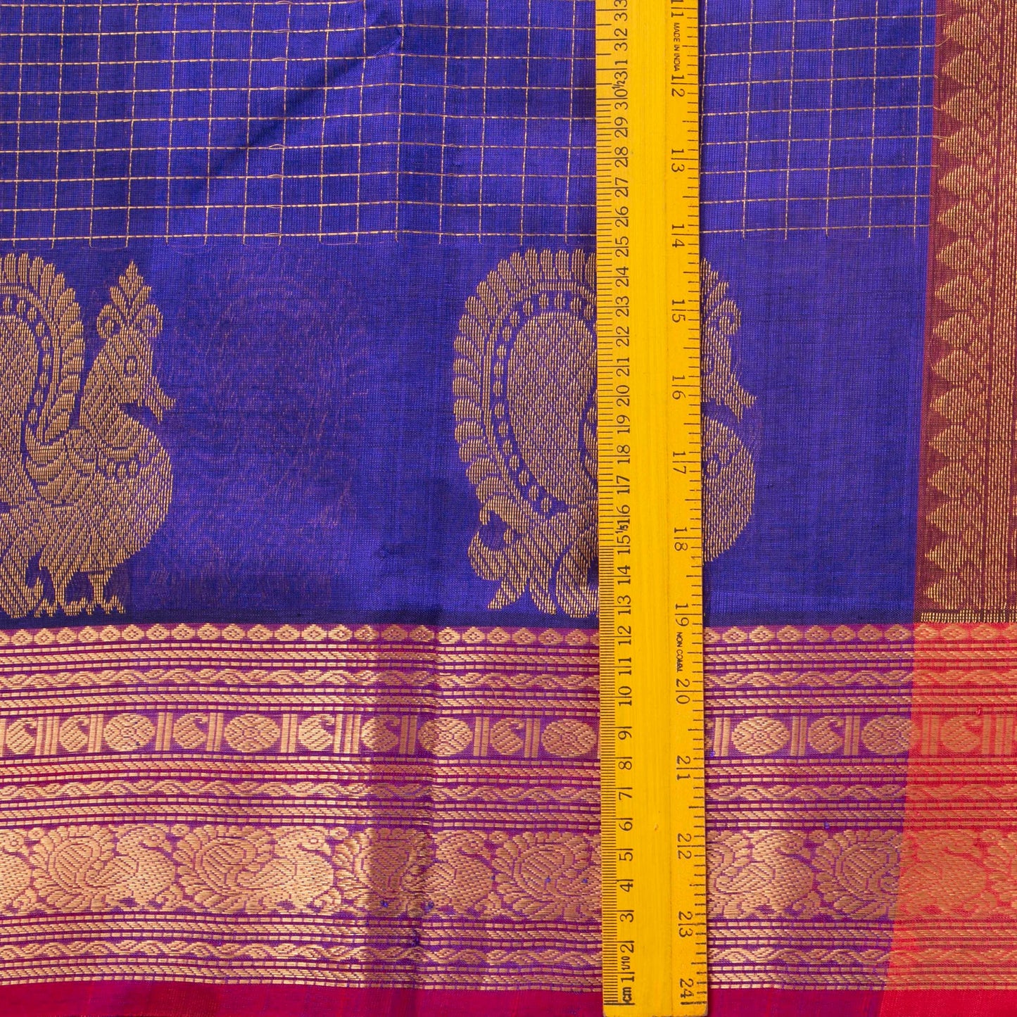 Blue And Red Kanchi Silk Cotton Saree With Zari Checks For Festive Wear VP SC 127