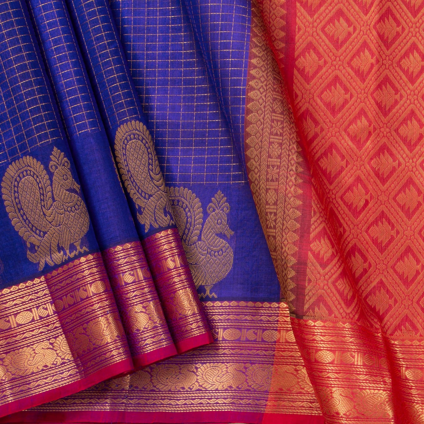 Blue And Red Kanchi Silk Cotton Saree With Zari Checks For Festive Wear VP SC 127