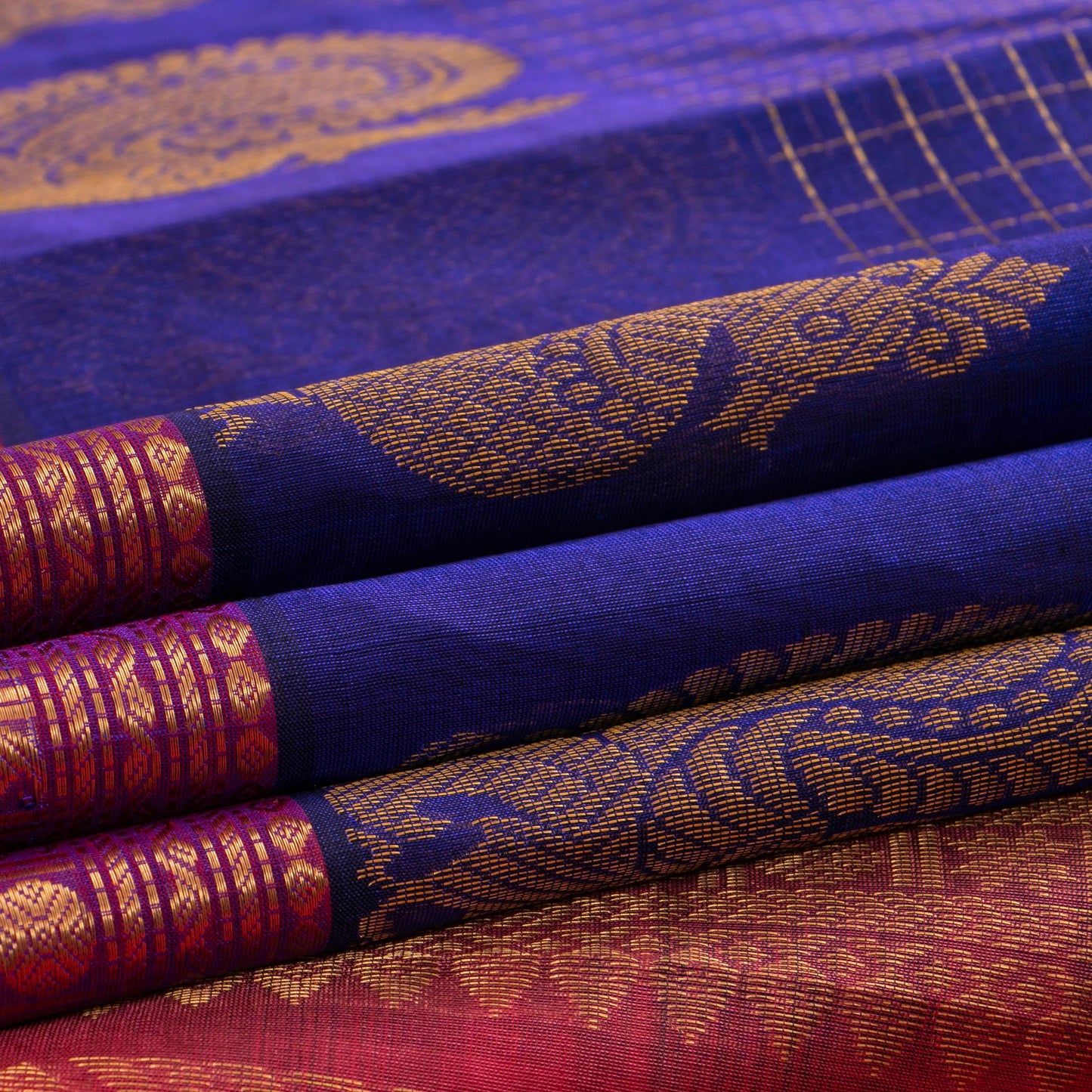 Blue And Red Kanchi Silk Cotton Saree With Zari Checks For Festive Wear VP SC 127