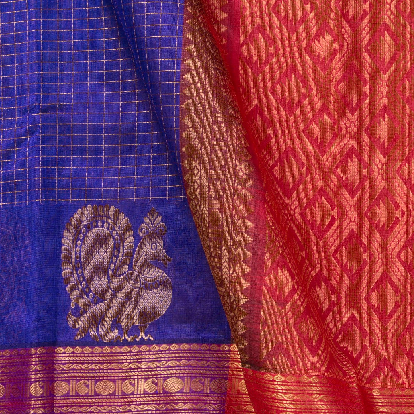 Blue And Red Kanchi Silk Cotton Saree With Zari Checks For Festive Wear VP SC 127