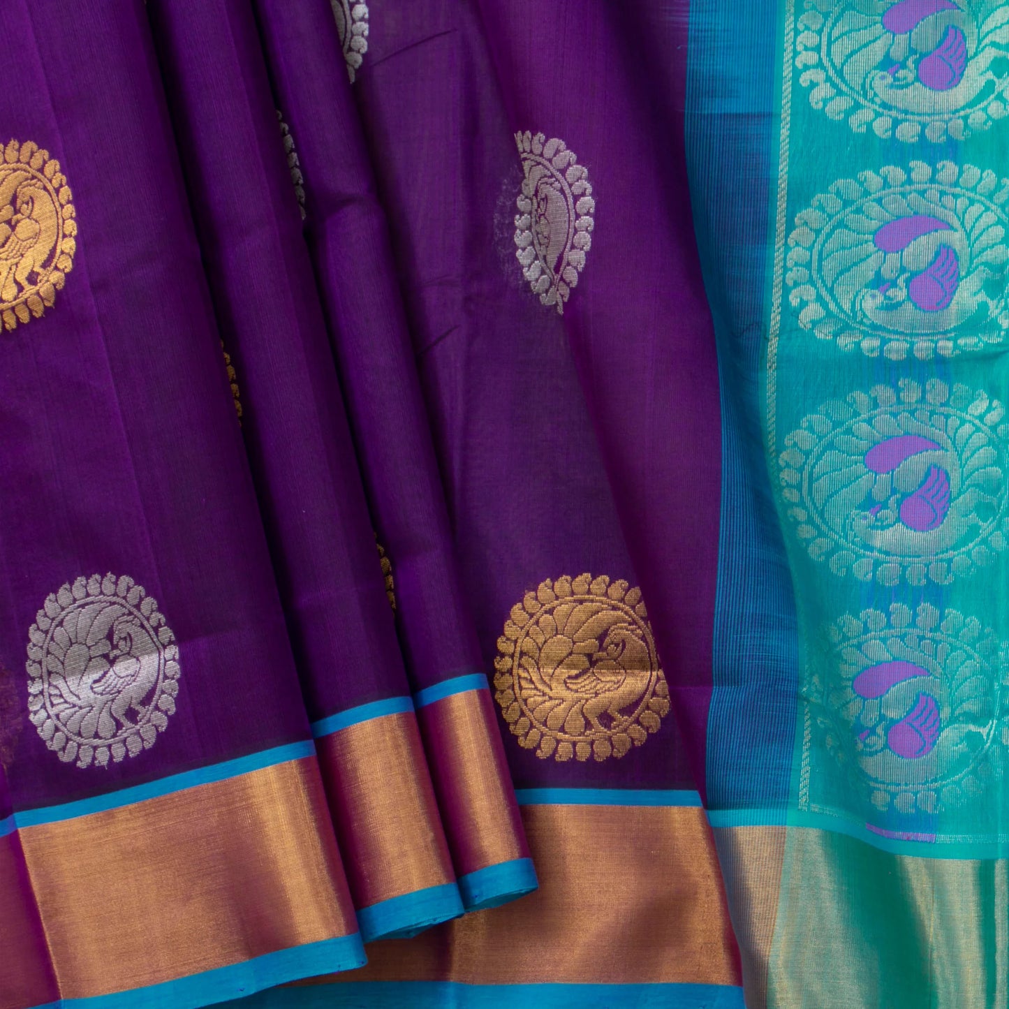 Purple And Ananda Blue Kanchi Silk Cotton Saree With Antique Zari For Festive Wear VP SC 122