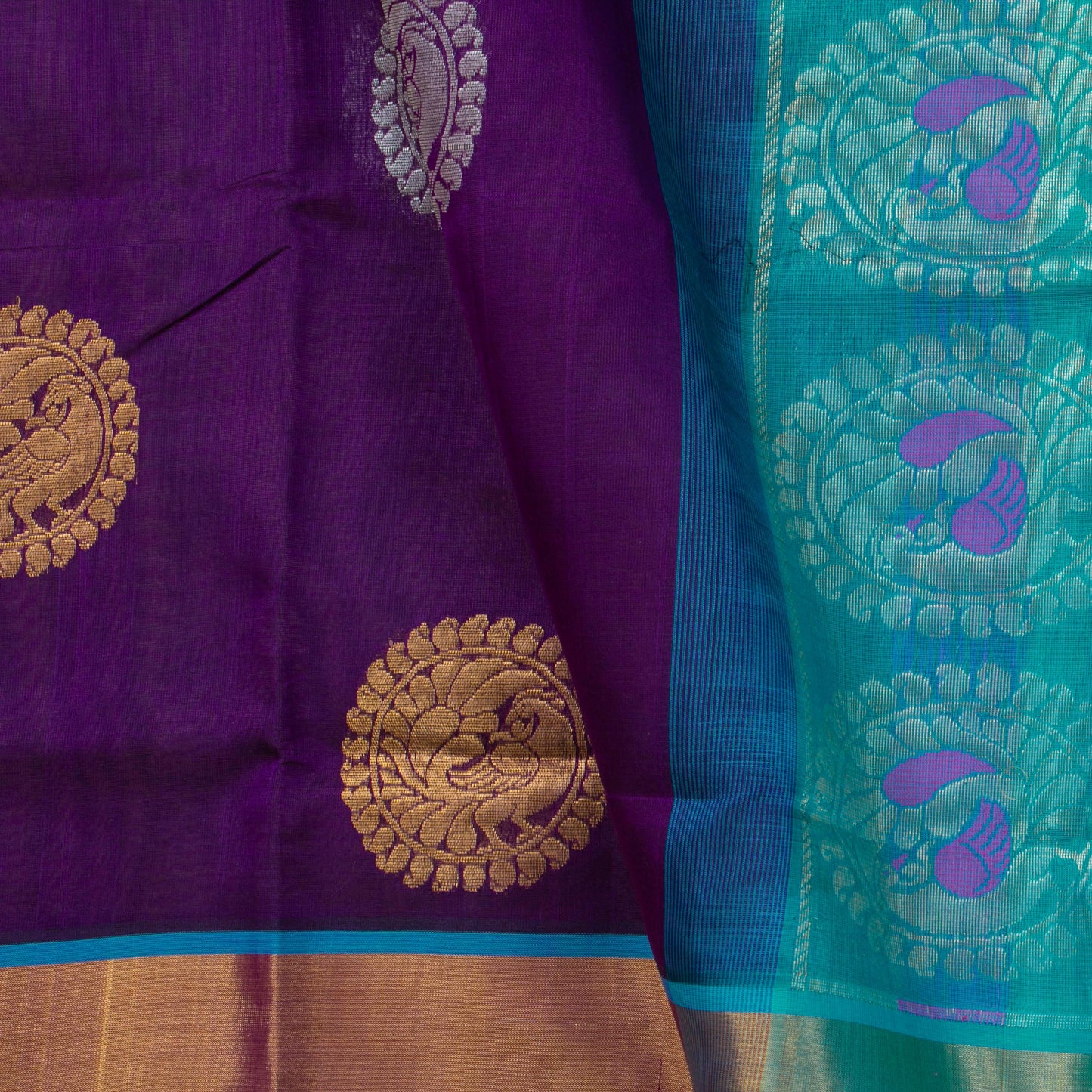 Purple And Ananda Blue Kanchi Silk Cotton Saree With Antique Zari For Festive Wear VP SC 122