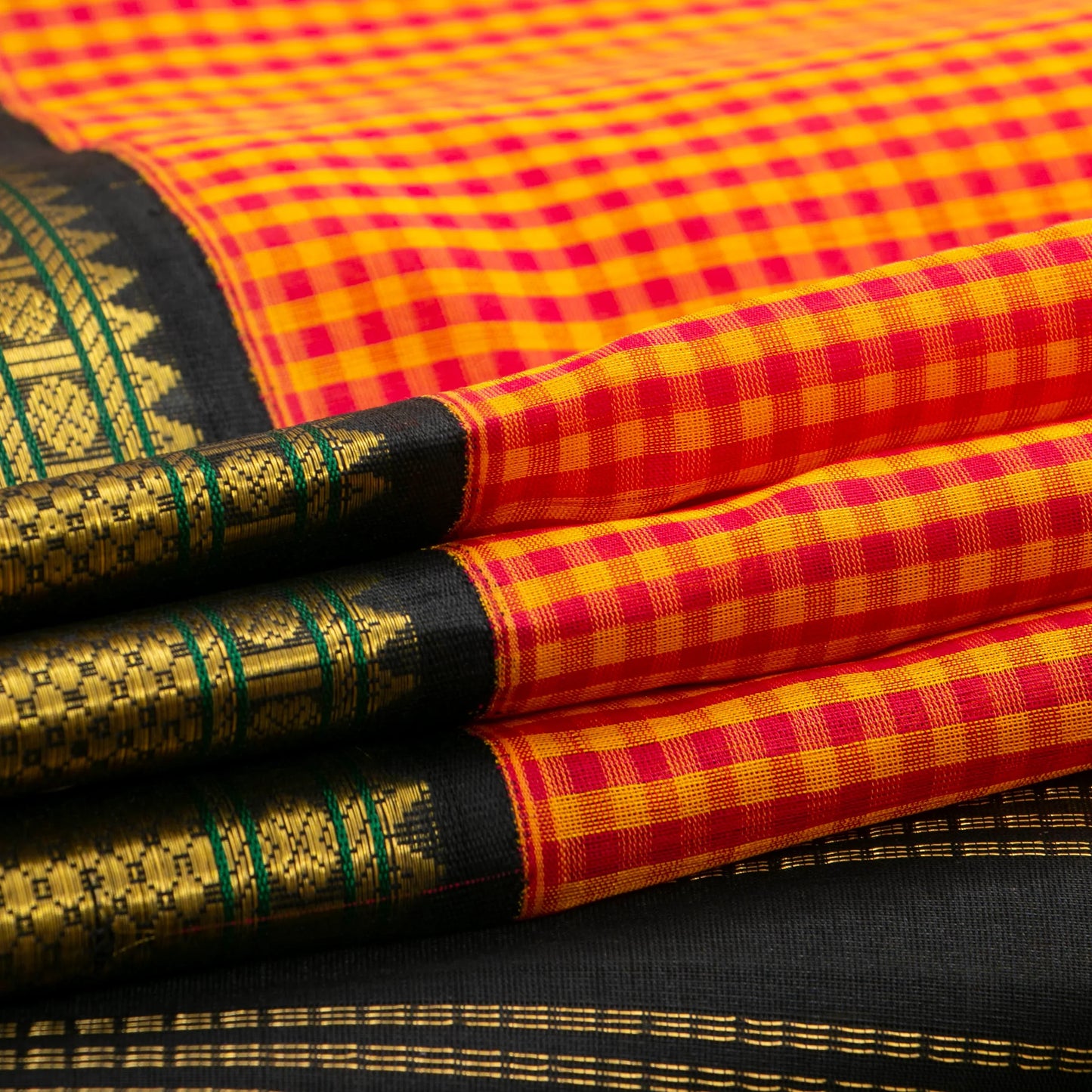Red And Orange Checked Kanchi Silk Cotton Saree With Black Contrast Border For Festive Wear VP SC 170