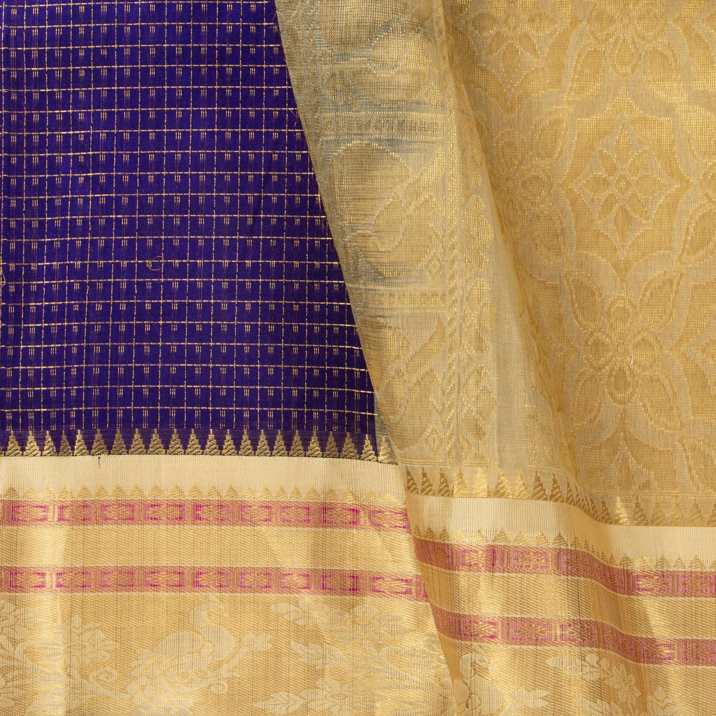 Blue and Beige Lakshadeepam Kanchi Silk Cotton Saree With Korvai Border For Festive Wear VP SC 132