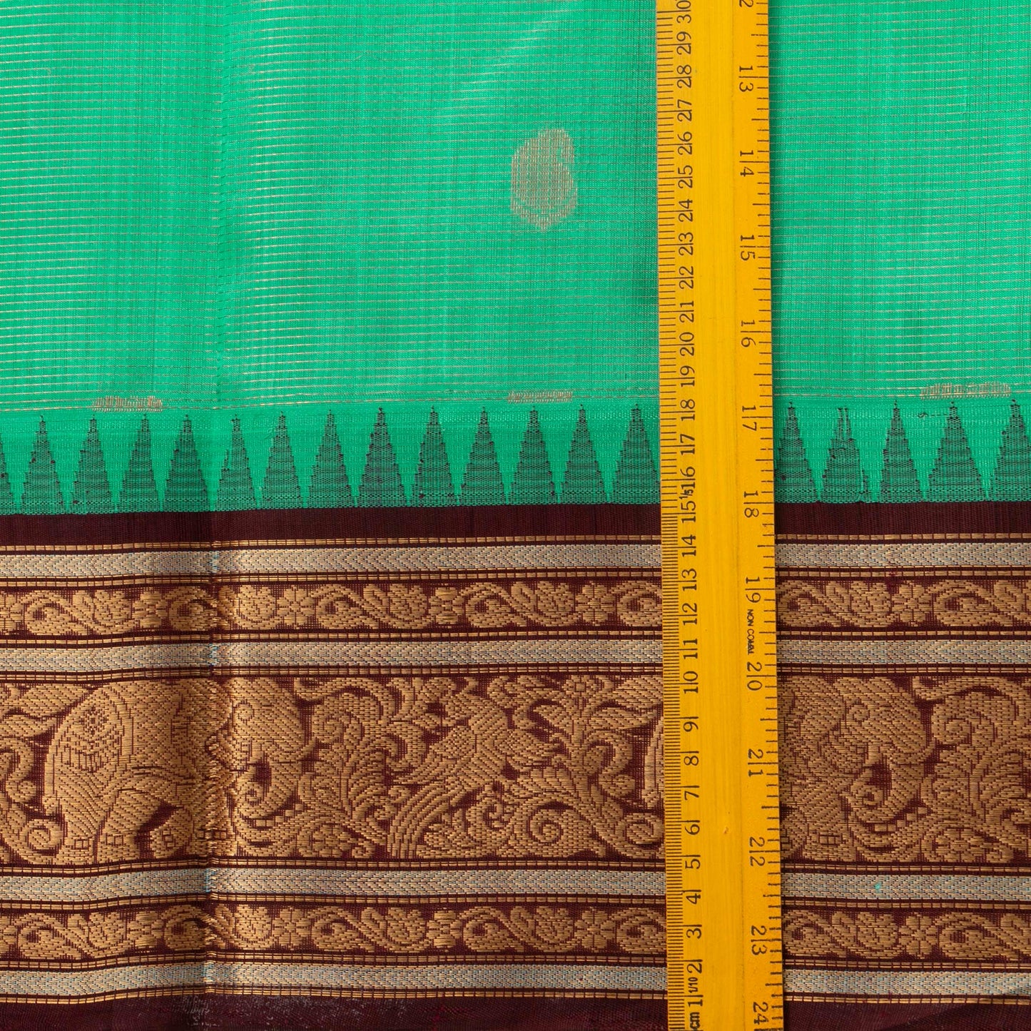 Turquoise And Coffee Brown Kanchi Silk Cotton Saree With Vaira Oosi Zari Stripes For Festive Wear VP SC 134