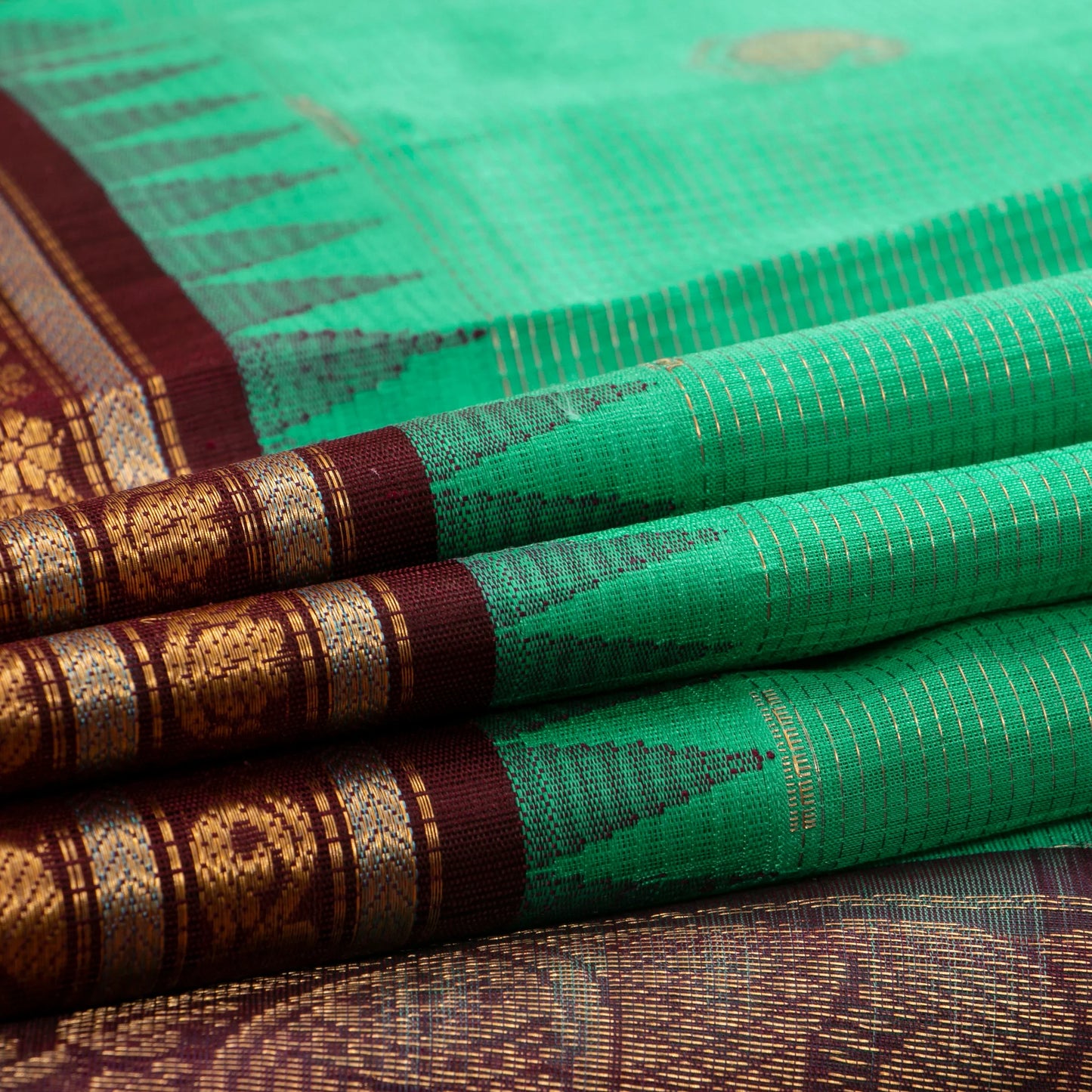 Turquoise And Coffee Brown Kanchi Silk Cotton Saree With Vaira Oosi Zari Stripes For Festive Wear VP SC 134