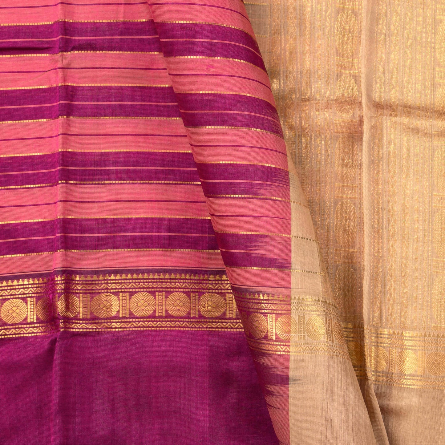 Pink And Magenta Kanchi Silk Cotton Saree With Zari Stripes For Festive Wear VP SC 120