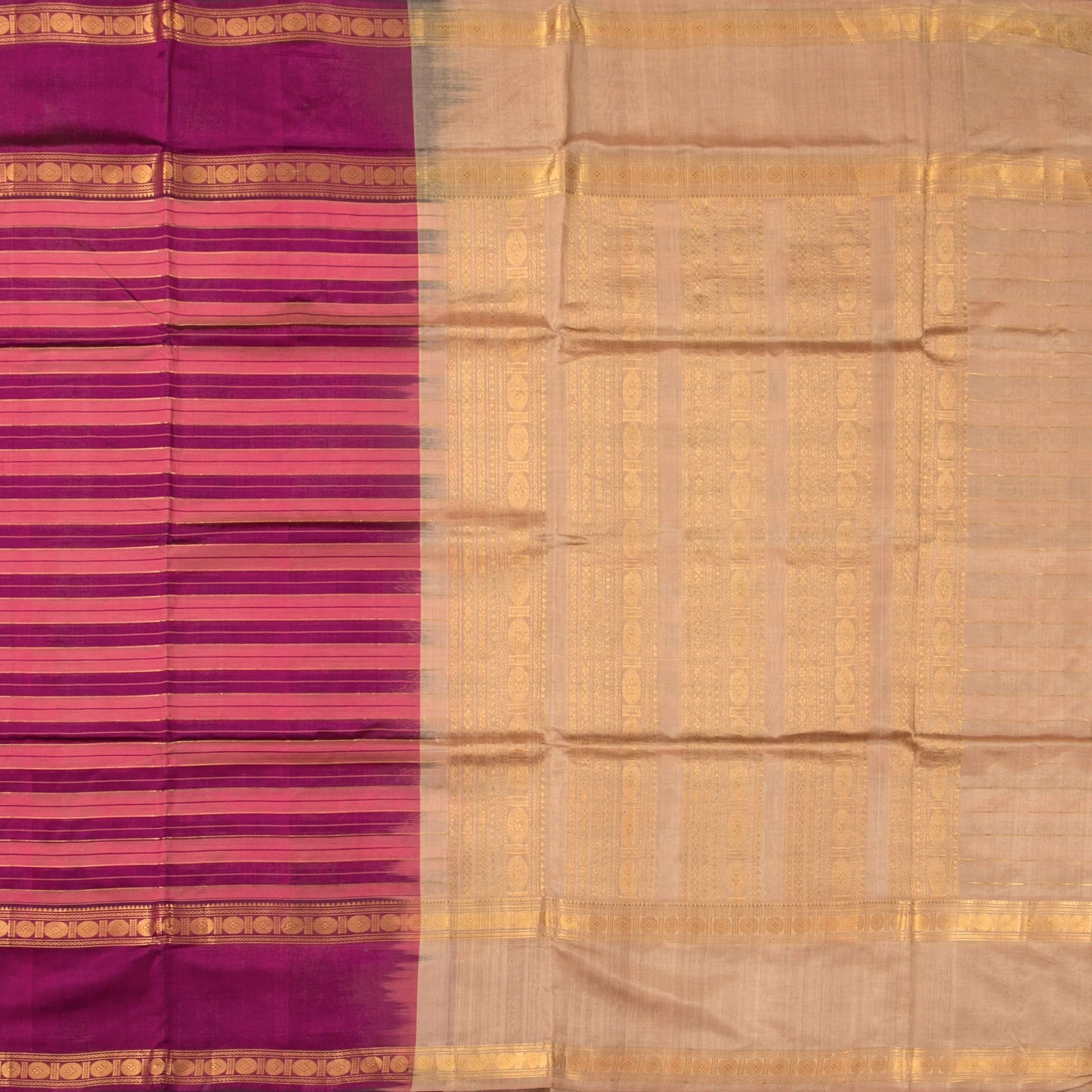 Pink And Magenta Kanchi Silk Cotton Saree With Zari Stripes For Festive Wear VP SC 120