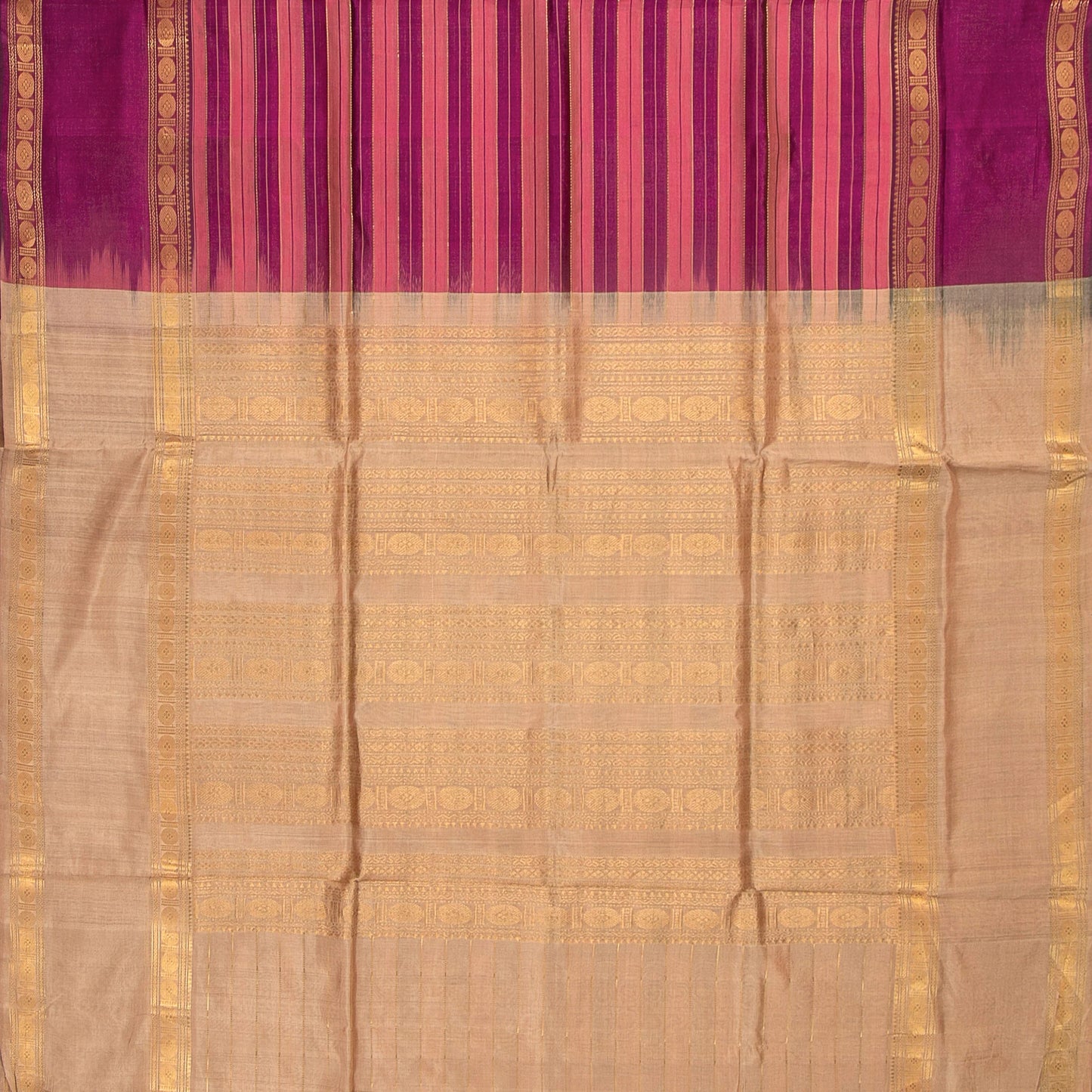 Pink And Magenta Kanchi Silk Cotton Saree With Zari Stripes For Festive Wear VP SC 120
