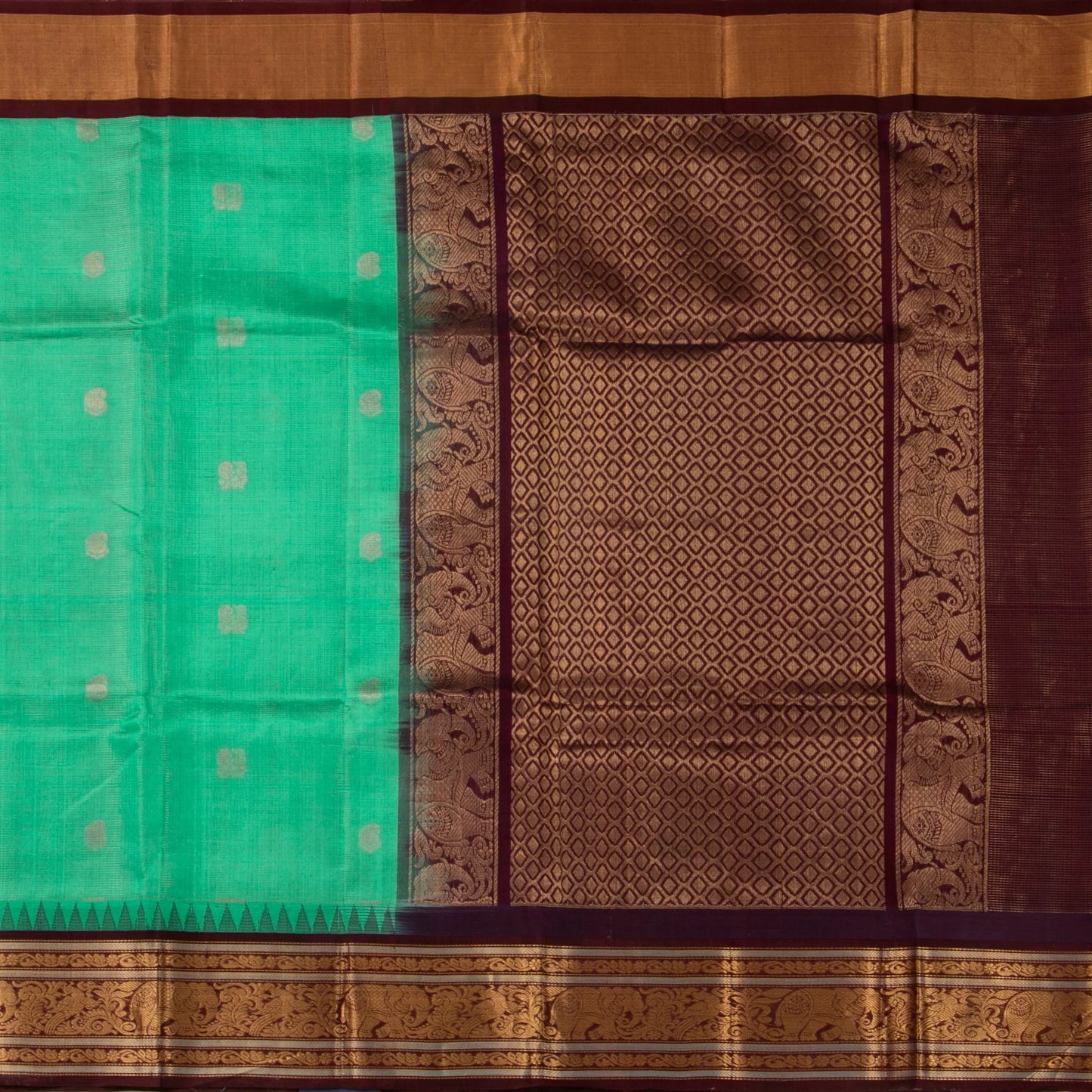 Turquoise And Coffee Brown Kanchi Silk Cotton Saree With Vaira Oosi Zari Stripes For Festive Wear VP SC 134