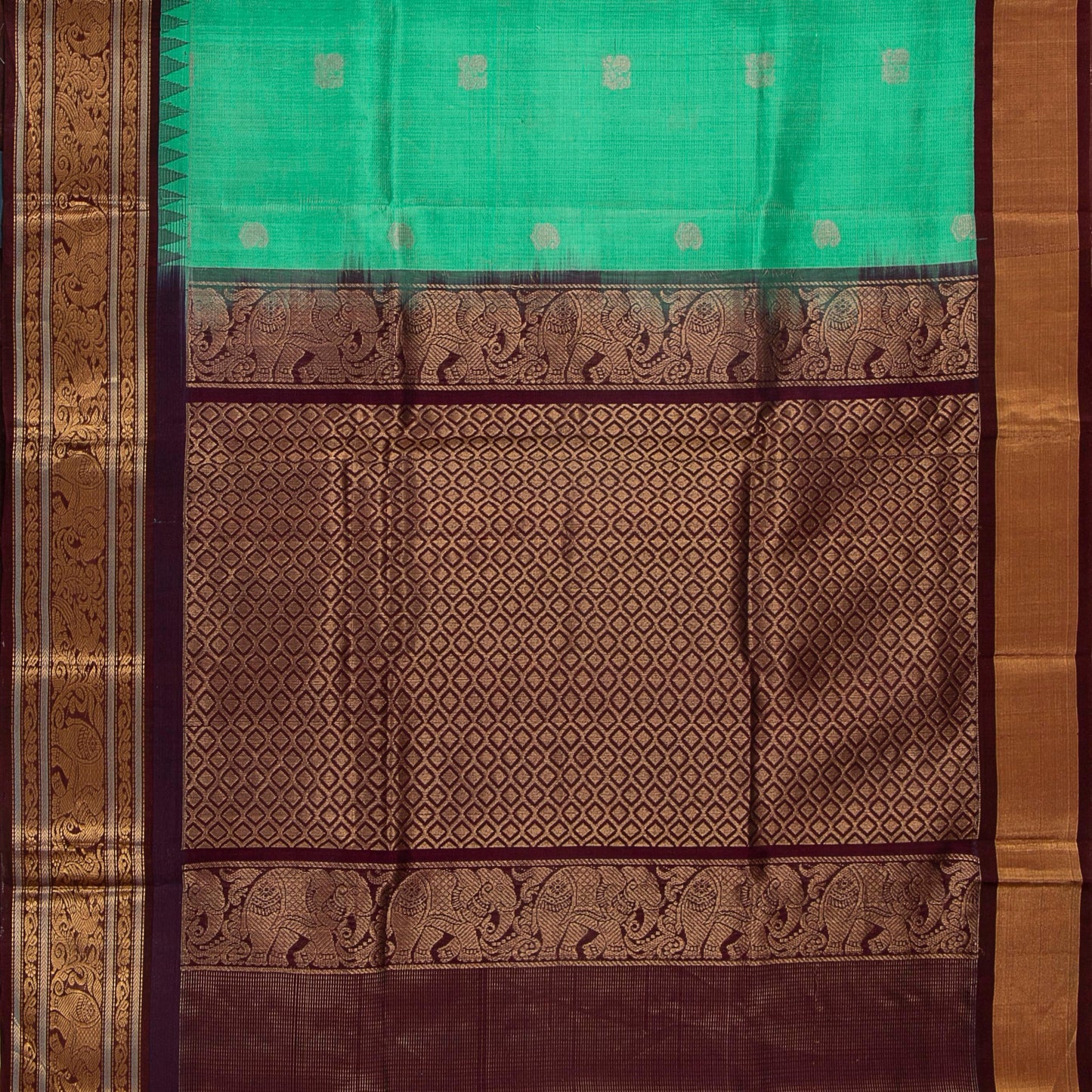 Turquoise And Coffee Brown Kanchi Silk Cotton Saree With Vaira Oosi Zari Stripes For Festive Wear VP SC 134