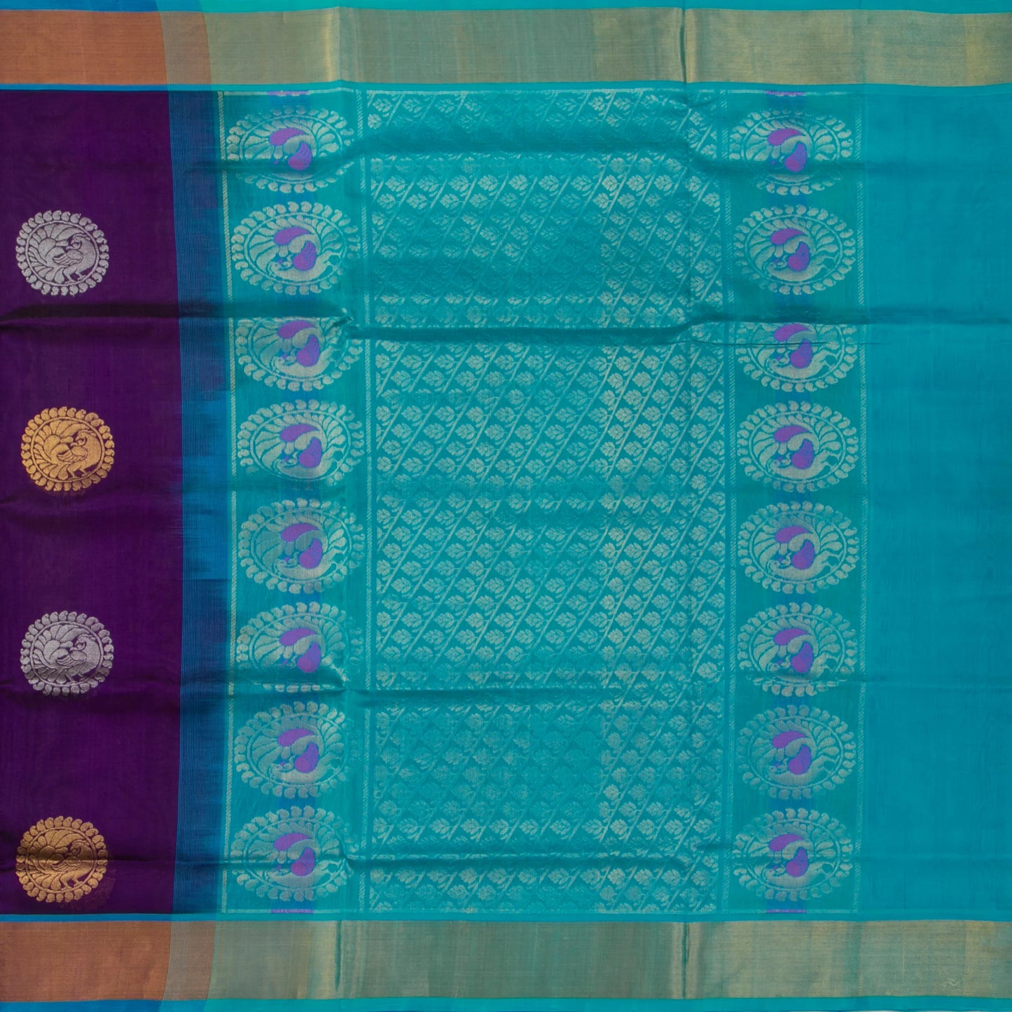 Purple And Ananda Blue Kanchi Silk Cotton Saree With Antique Zari For Festive Wear VP SC 122