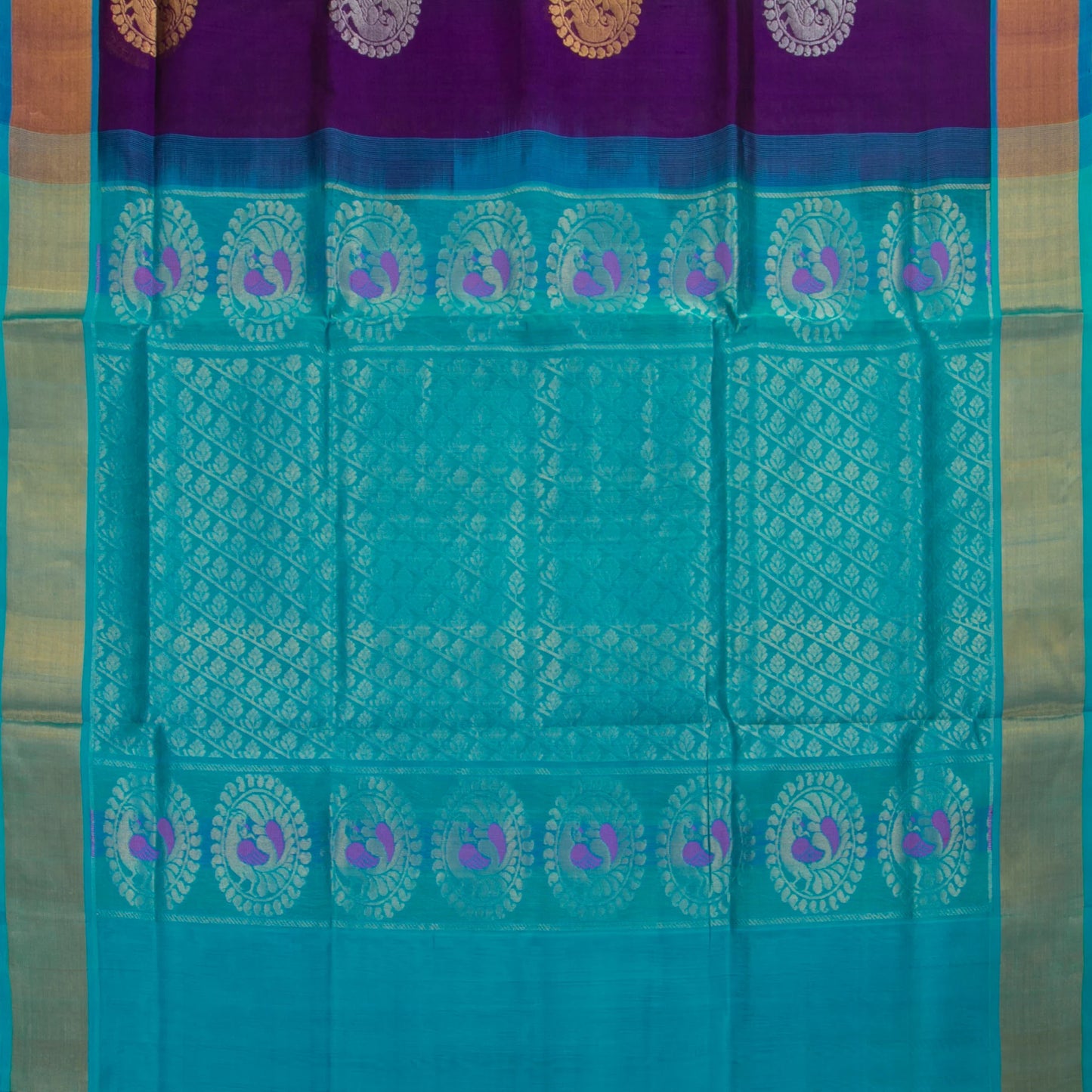 Purple And Ananda Blue Kanchi Silk Cotton Saree With Antique Zari For Festive Wear VP SC 122