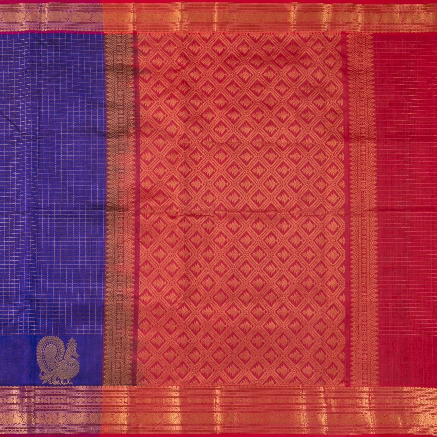 Blue And Red Kanchi Silk Cotton Saree With Zari Checks For Festive Wear VP SC 127