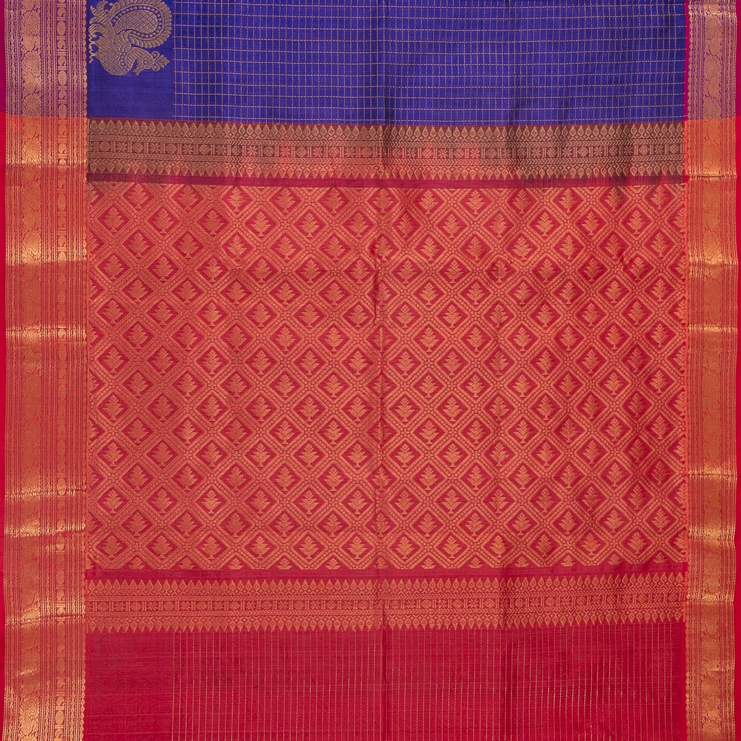 Blue And Red Kanchi Silk Cotton Saree With Zari Checks For Festive Wear VP SC 127