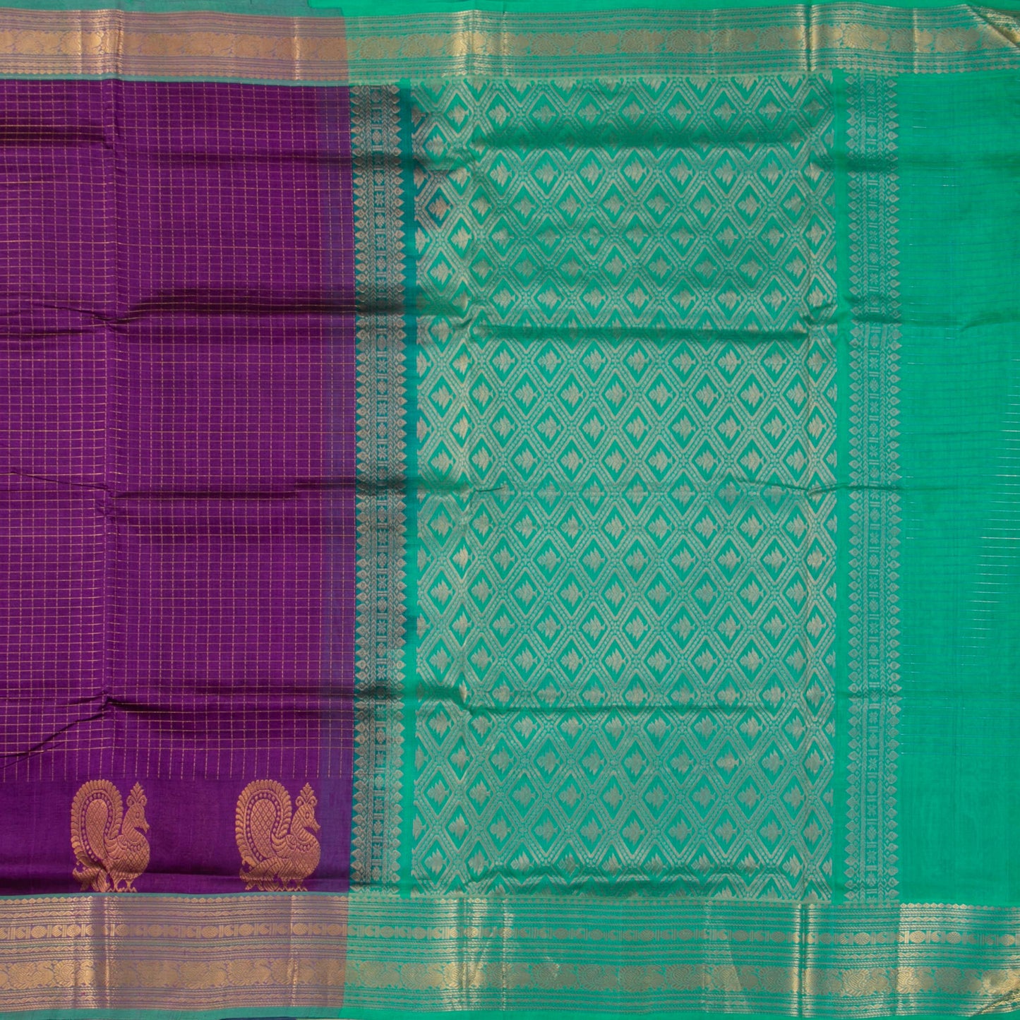 Violet And Turquoise Kanchi Silk Cotton Saree With Antique Zari For Festive Wear VP SC 126