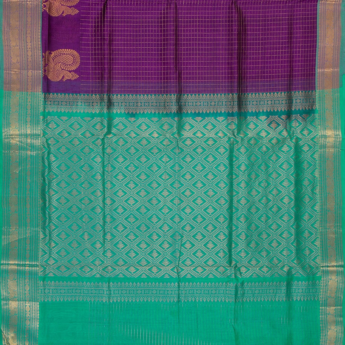 Violet And Turquoise Kanchi Silk Cotton Saree With Antique Zari For Festive Wear VP SC 126