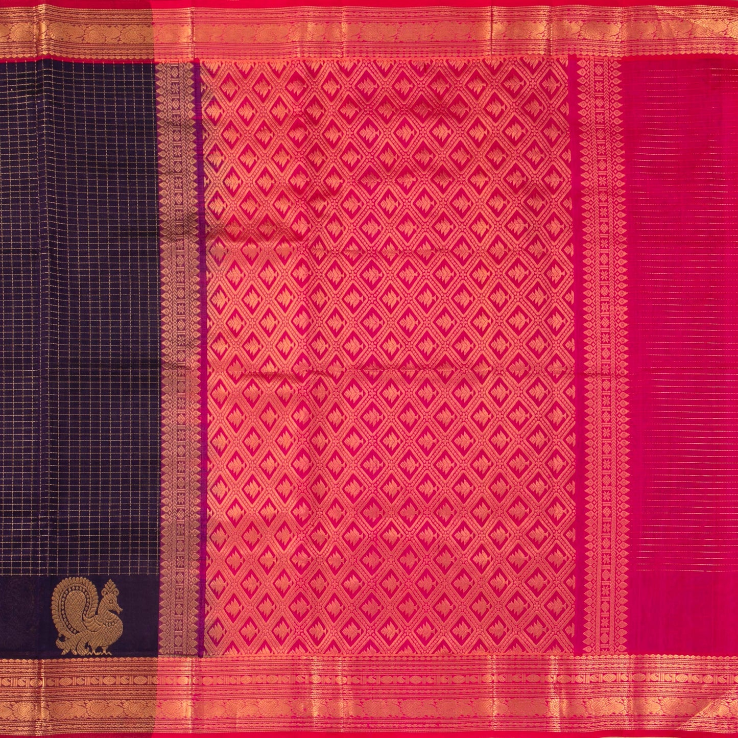 Purple And Pink Kanchi Silk Cotton Saree With Zari Checks For Festive Wear VP SC 125