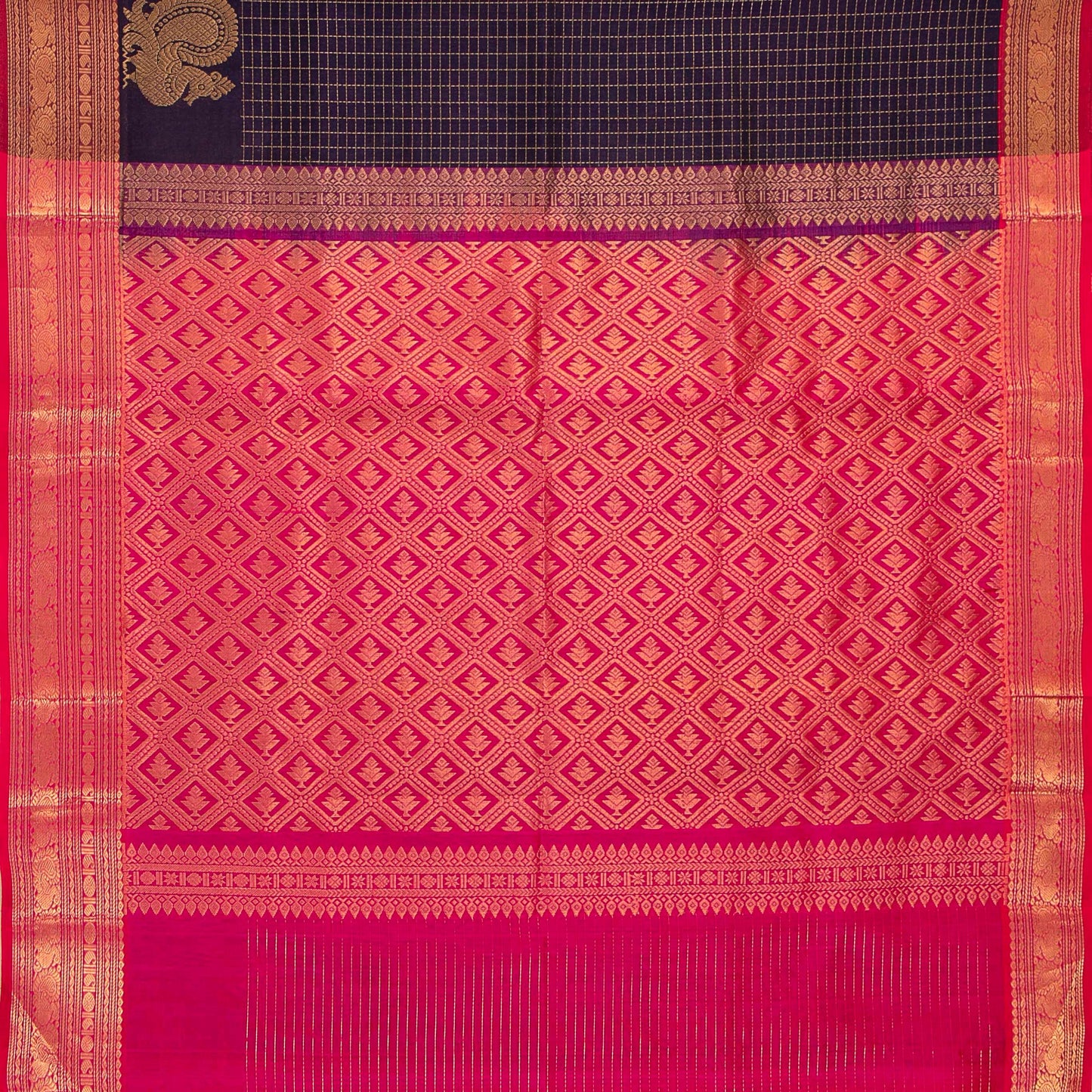 Purple And Pink Kanchi Silk Cotton Saree With Zari Checks For Festive Wear VP SC 125