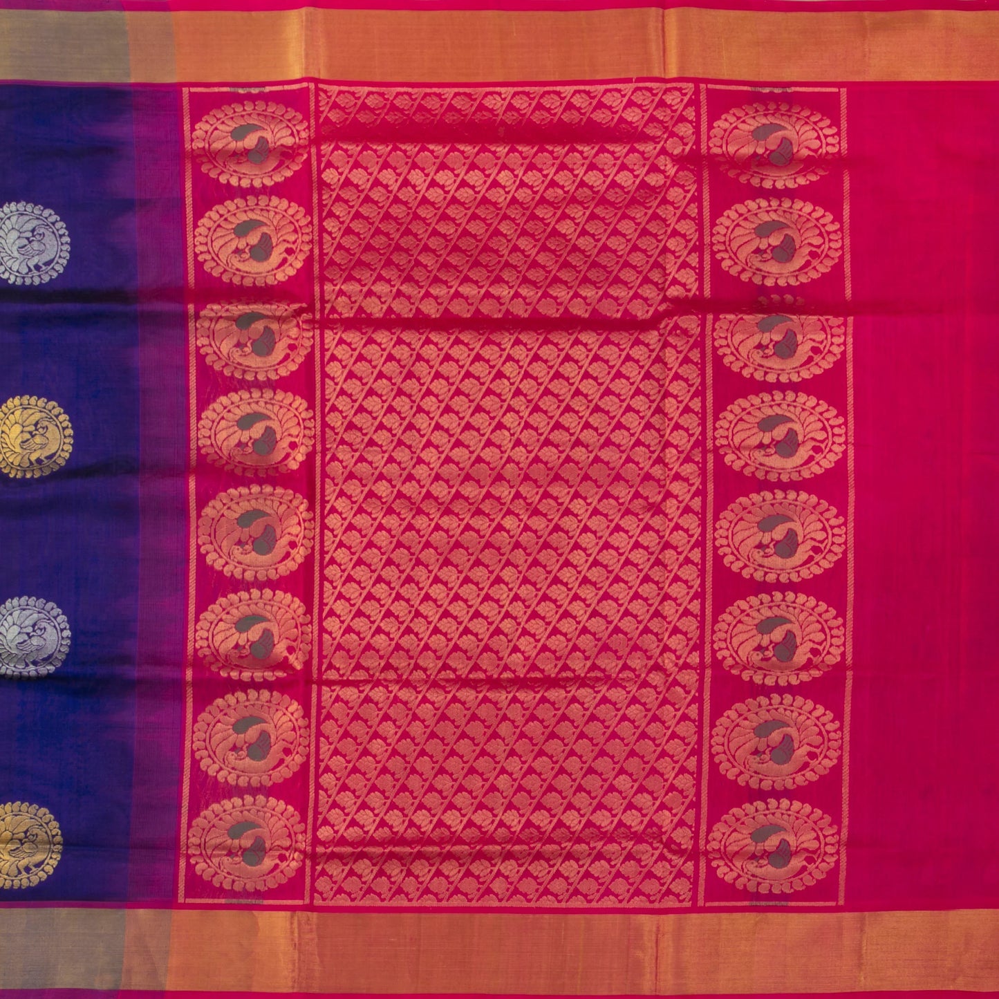 Blue And Pink Kanchi Silk Cotton Saree With Antique Zari For Festive Wear VP SC 123