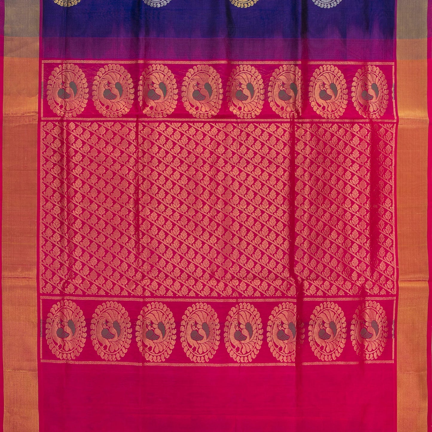 Blue And Pink Kanchi Silk Cotton Saree With Antique Zari For Festive Wear VP SC 123