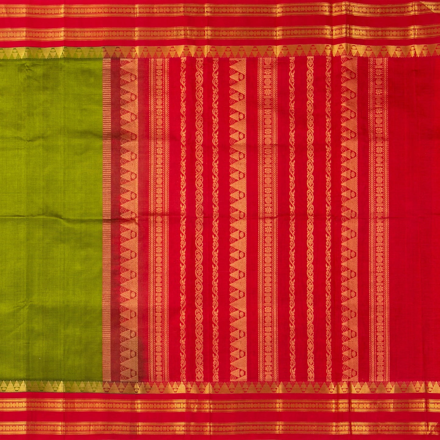 Light Green And Red Kanchi Silk Cotton Saree With Vaira Oosi Stripes And Korvai Border For Festive Wear VP SC 131