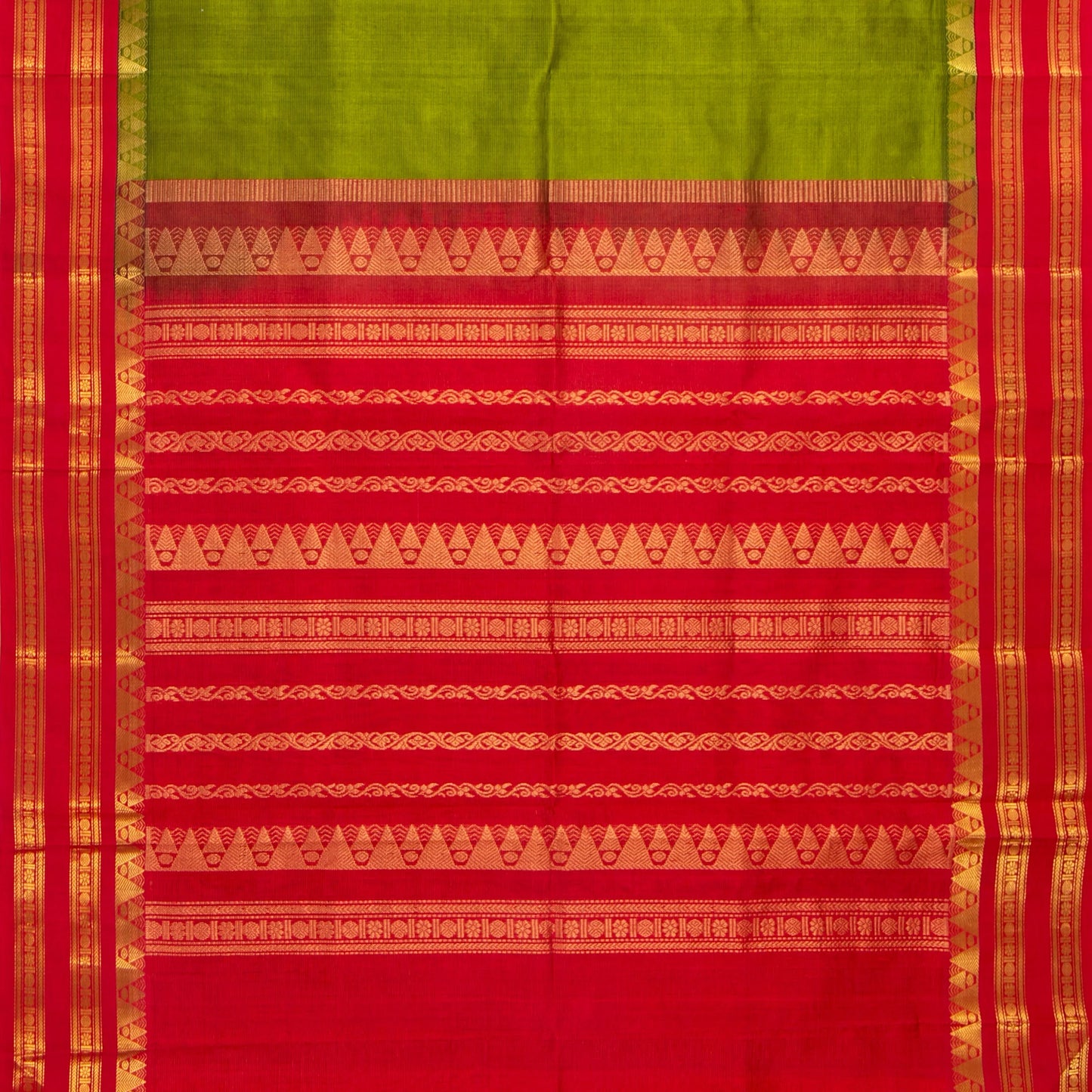 Light Green And Red Kanchi Silk Cotton Saree With Vaira Oosi Stripes And Korvai Border For Festive Wear VP SC 131