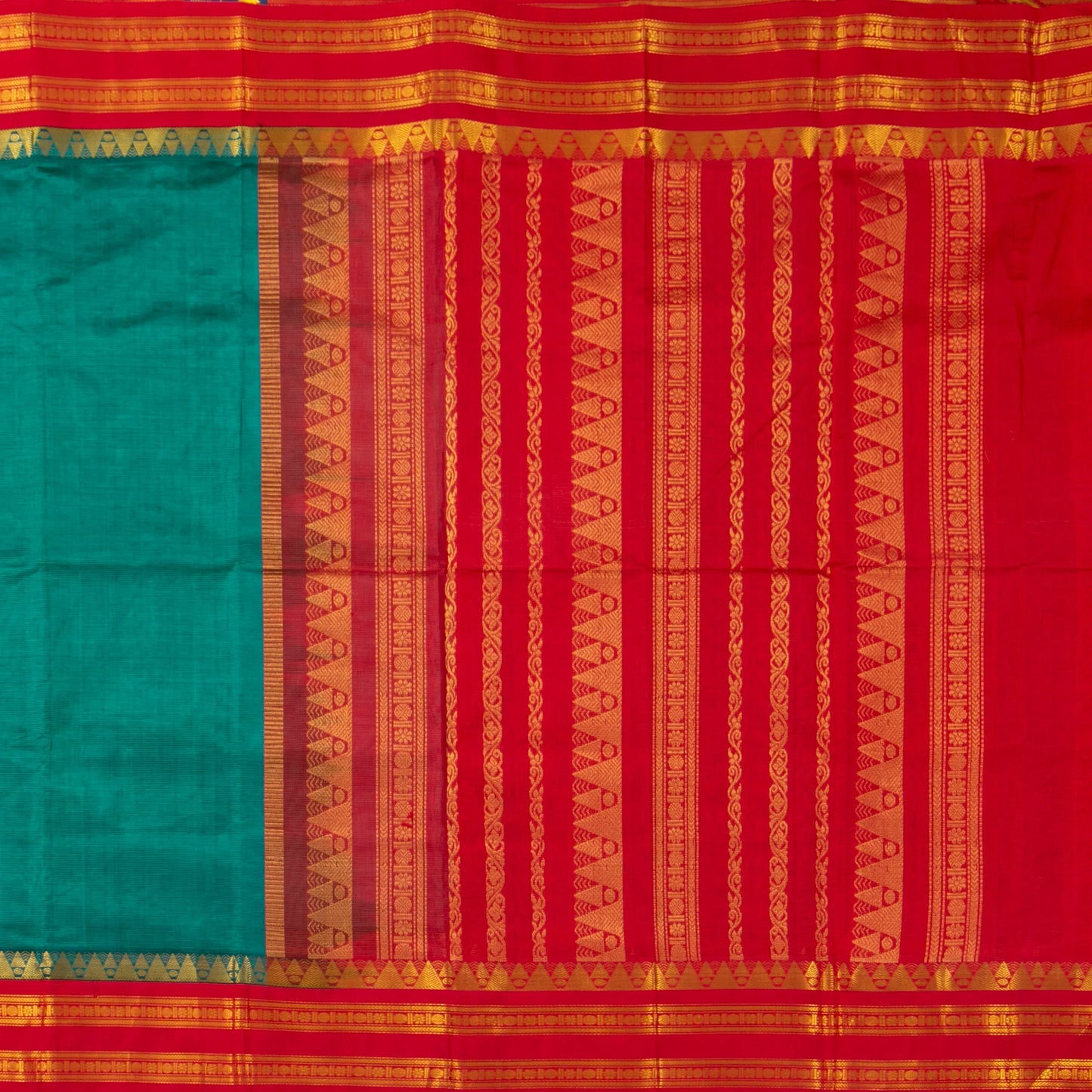 Teal And Red Kanchi Silk Cotton Saree With Vaira Oosi Zari Stripes For Festive Wear VP SC 130