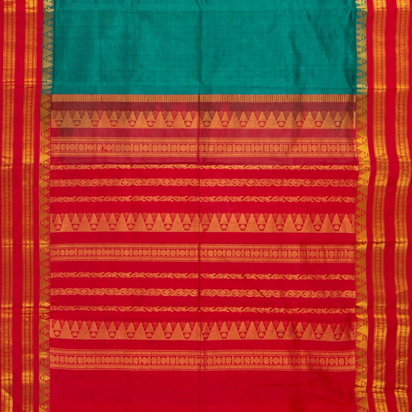 Teal And Red Kanchi Silk Cotton Saree With Vaira Oosi Zari Stripes For Festive Wear VP SC 130