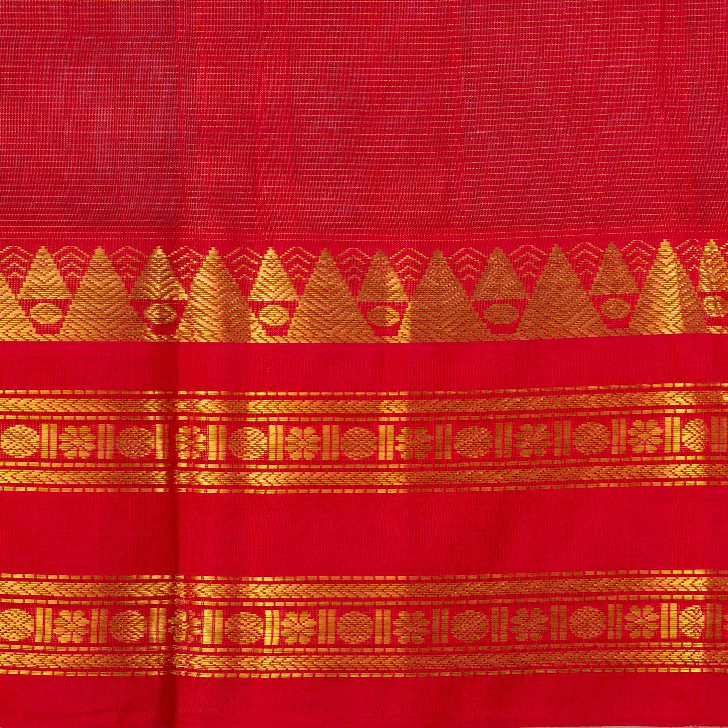 Teal And Red Kanchi Silk Cotton Saree With Vaira Oosi Zari Stripes For Festive Wear VP SC 130