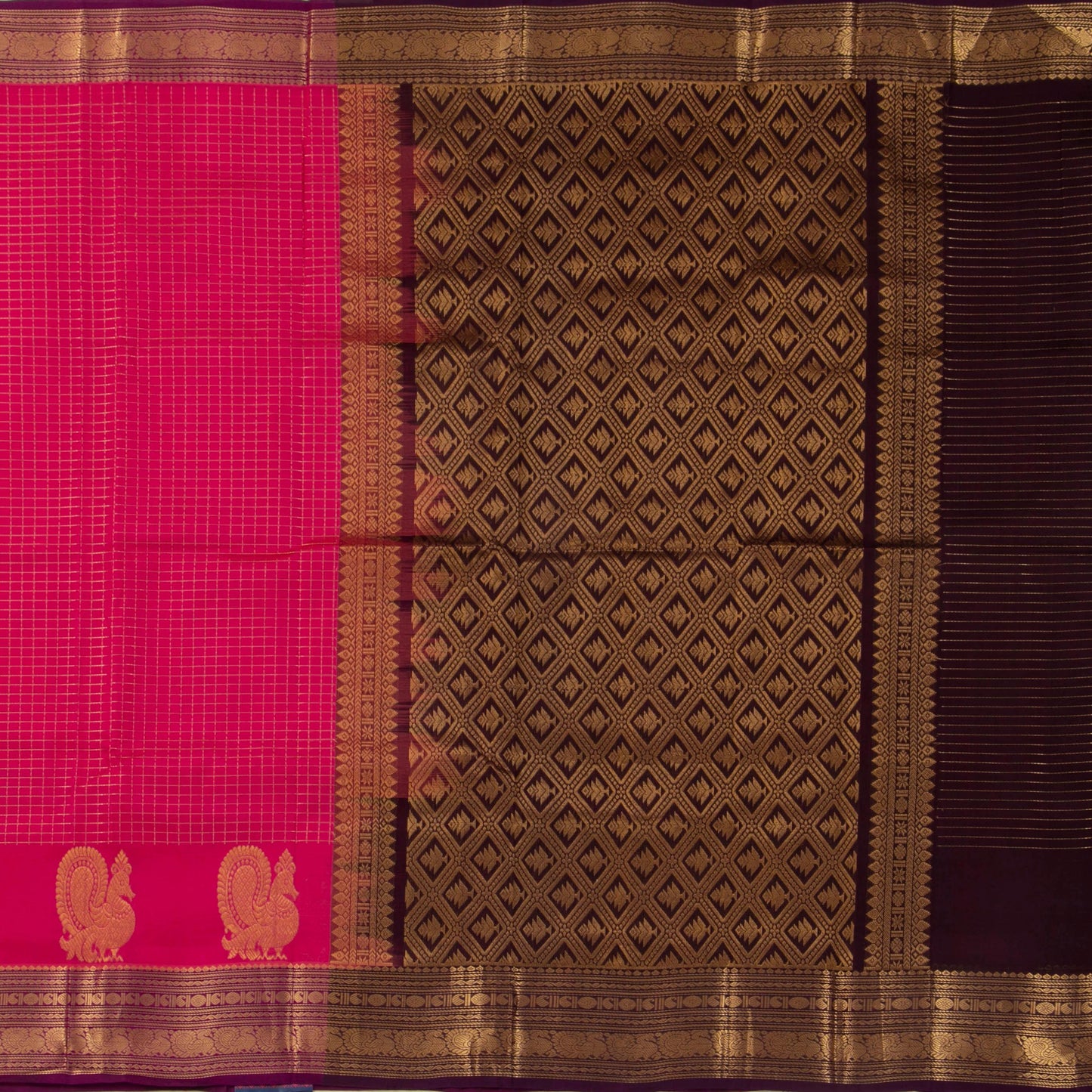Pink And Brown Kanchi Silk Cotton Saree With Zari Checks For Festive Wear VP SC 124