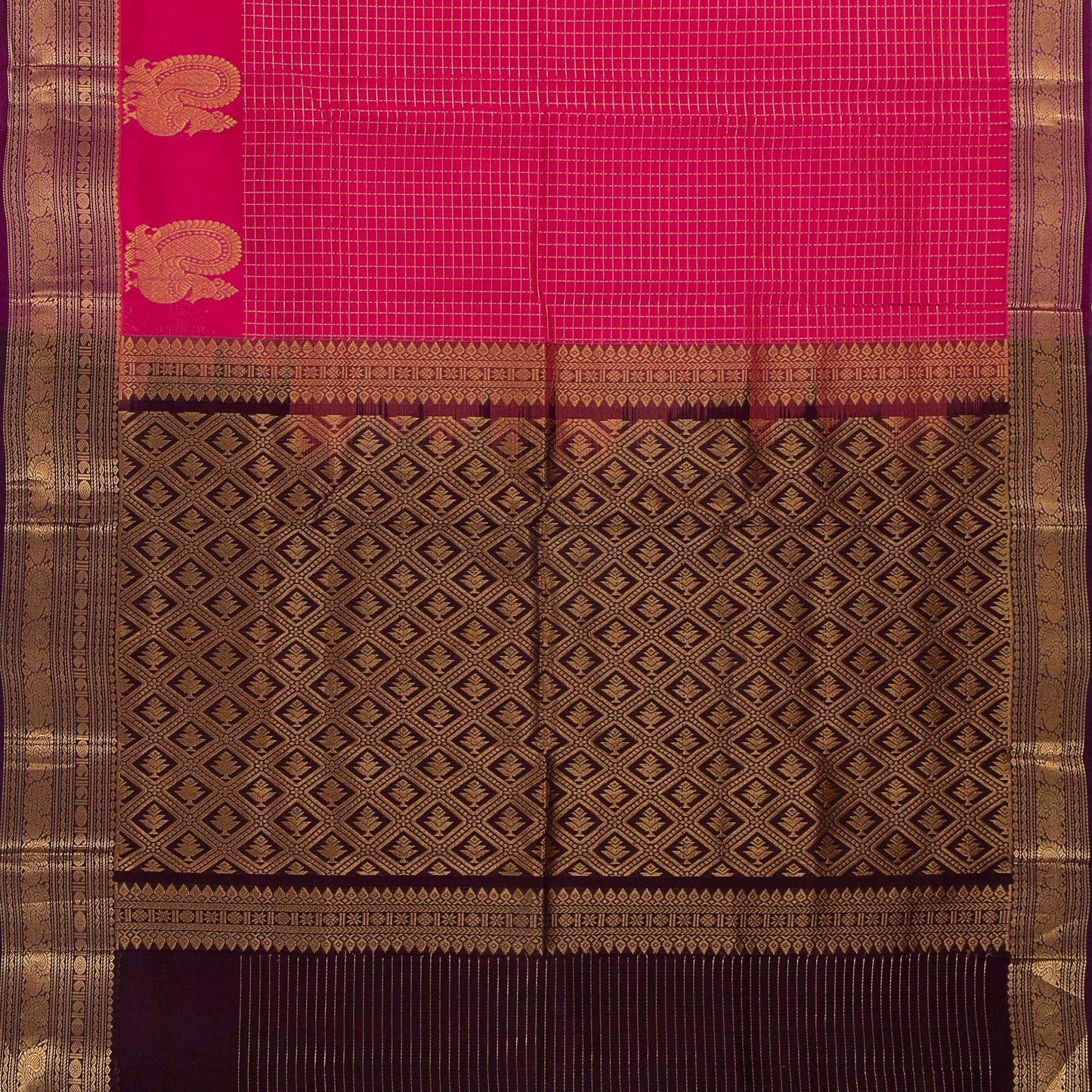 Pink And Brown Kanchi Silk Cotton Saree With Zari Checks For Festive Wear VP SC 124