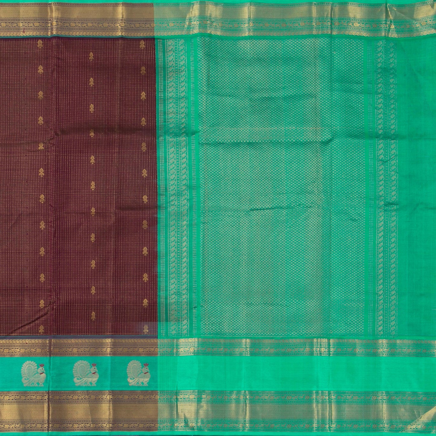 Deep Purple And Cyan Kanchi Silk Cotton Saree With Zari Checks For Festive Wear VP SC 129