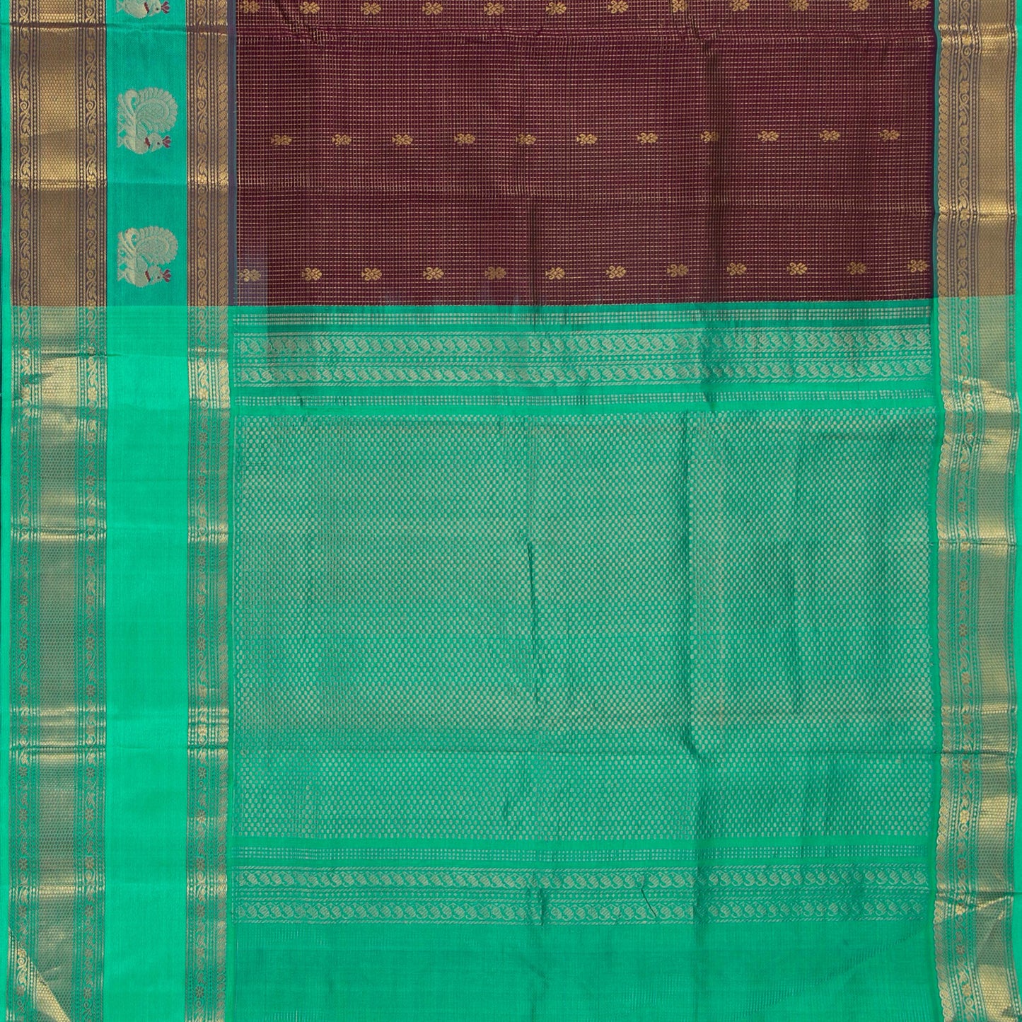 Deep Purple And Cyan Kanchi Silk Cotton Saree With Zari Checks For Festive Wear VP SC 129