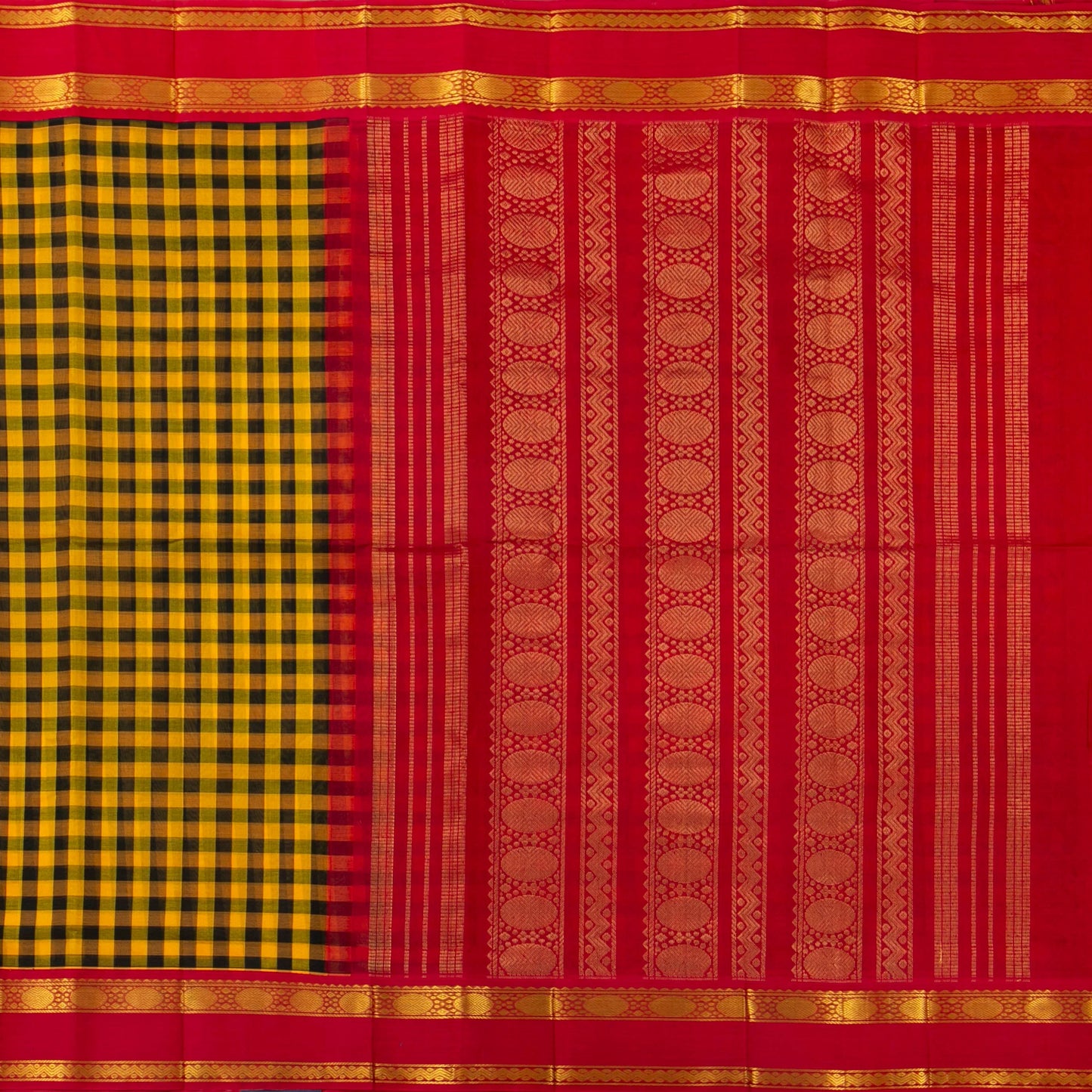 Yellow And Black Checked Kanchi Silk Cotton Saree With Red Korvai Border For Festive Wear VP SC 169