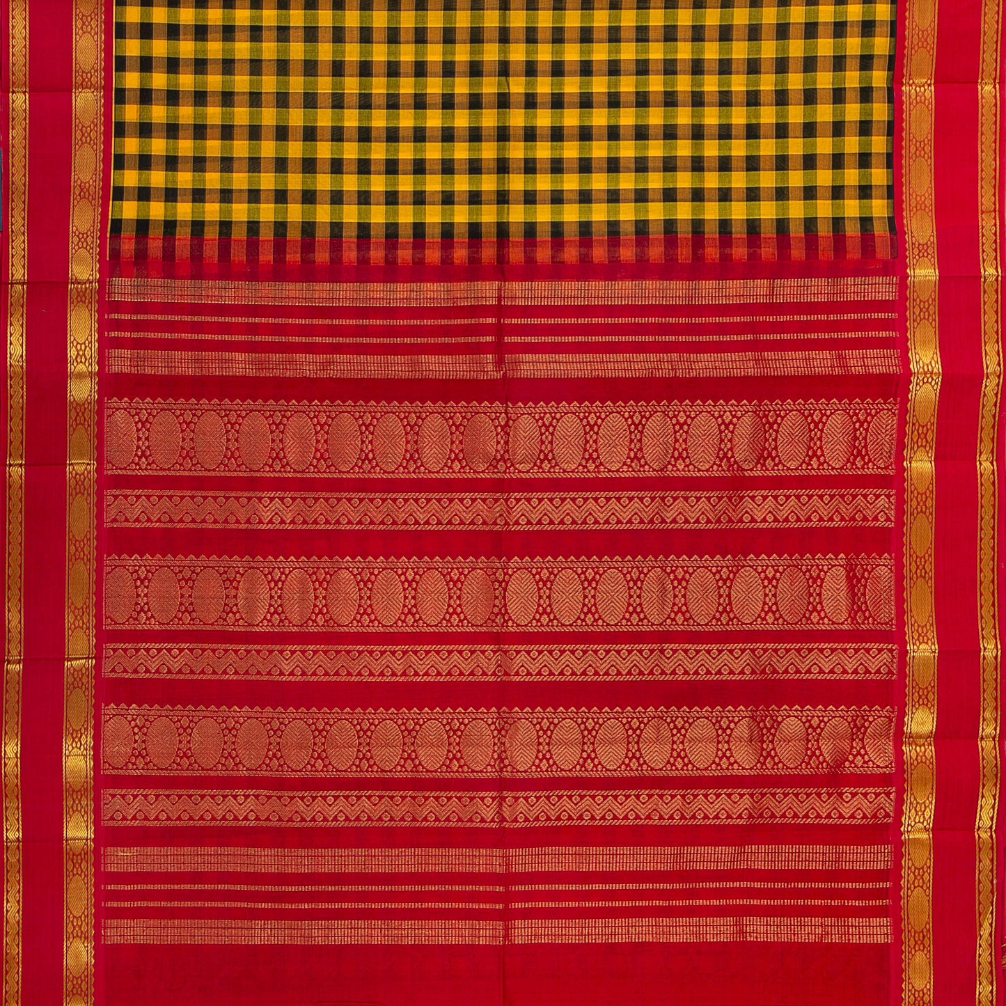 Yellow And Black Checked Kanchi Silk Cotton Saree With Red Korvai Border For Festive Wear VP SC 169