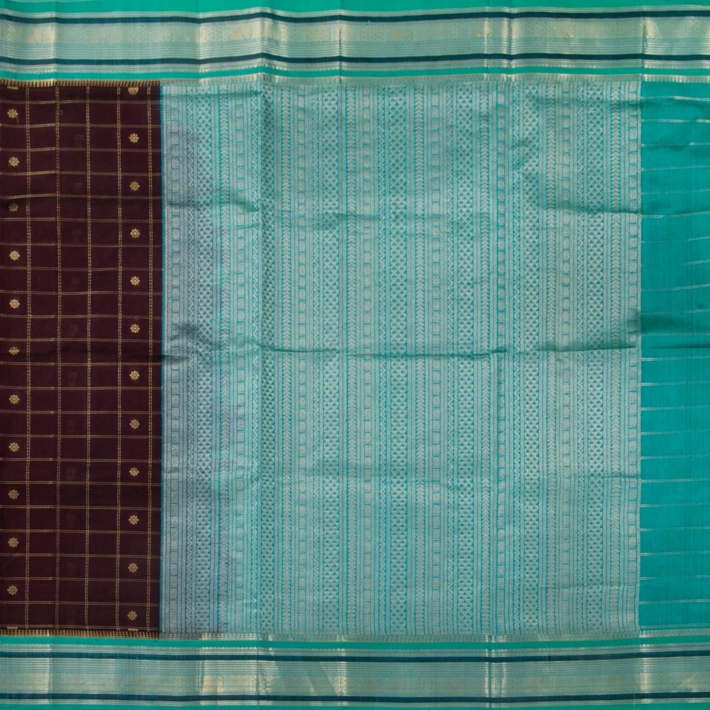 Purple And Teal Kanchi Silk Cotton Saree With Zari Checks For Festive Wear VP SC 174