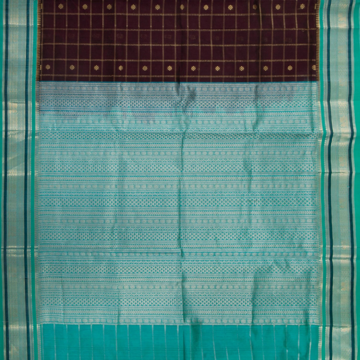 Purple And Teal Kanchi Silk Cotton Saree With Zari Checks For Festive Wear VP SC 174