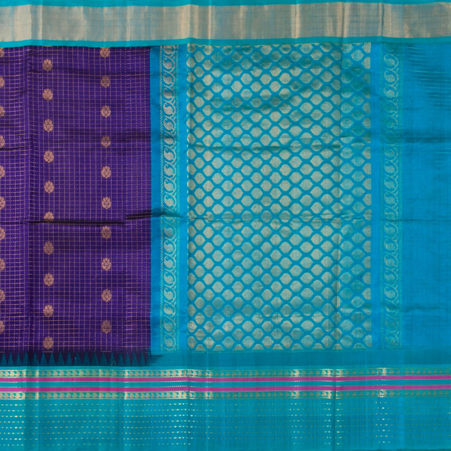 Violet And Cyan Kanchi Silk Cotton Saree With Zari Checks For Festive Wear VP SC 176