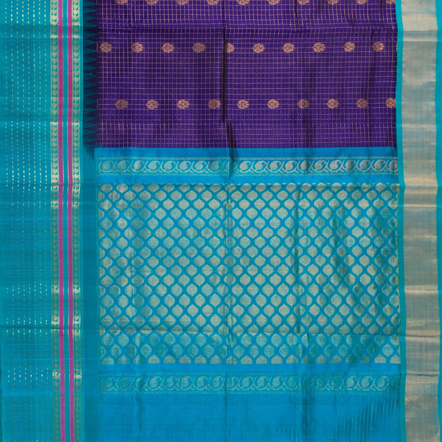 Violet And Cyan Kanchi Silk Cotton Saree With Zari Checks For Festive Wear VP SC 176