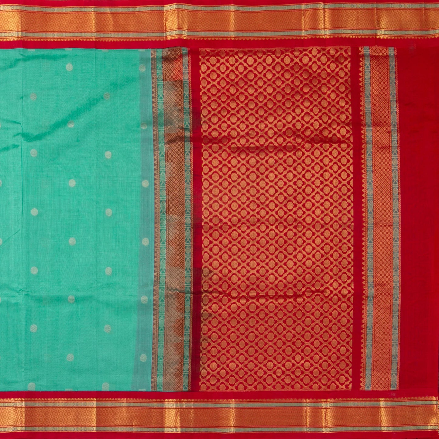 Teal And Red Kanchi Silk Cotton Saree With Rudraksha Motifs For Festive Wear VP SC 162