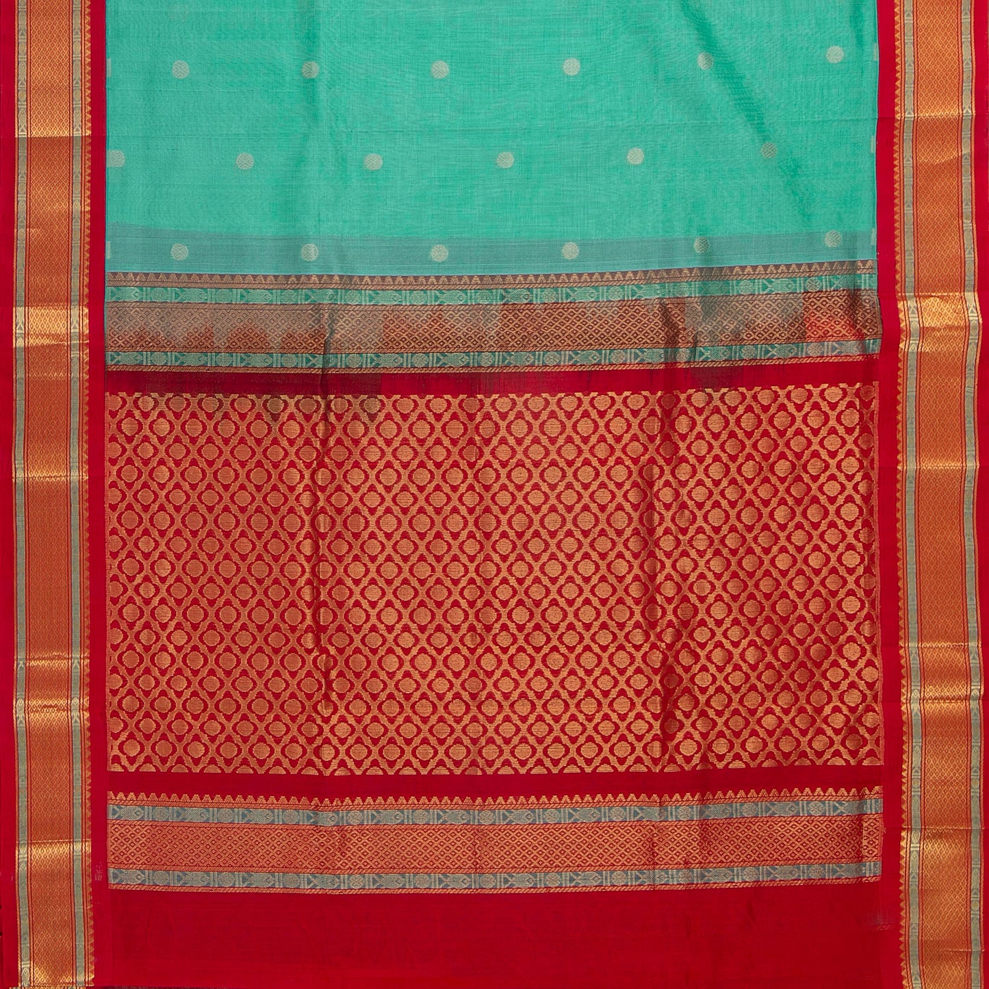 Teal And Red Kanchi Silk Cotton Saree With Rudraksha Motifs For Festive Wear VP SC 162